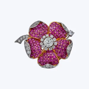 1950s 18KYG Ruby, Diamond Flower Brooch