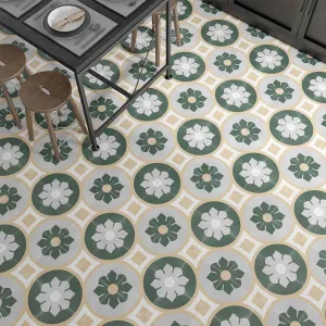 Aruba Bloom Green Pattern Porcelain Tile 22x22cm Matte