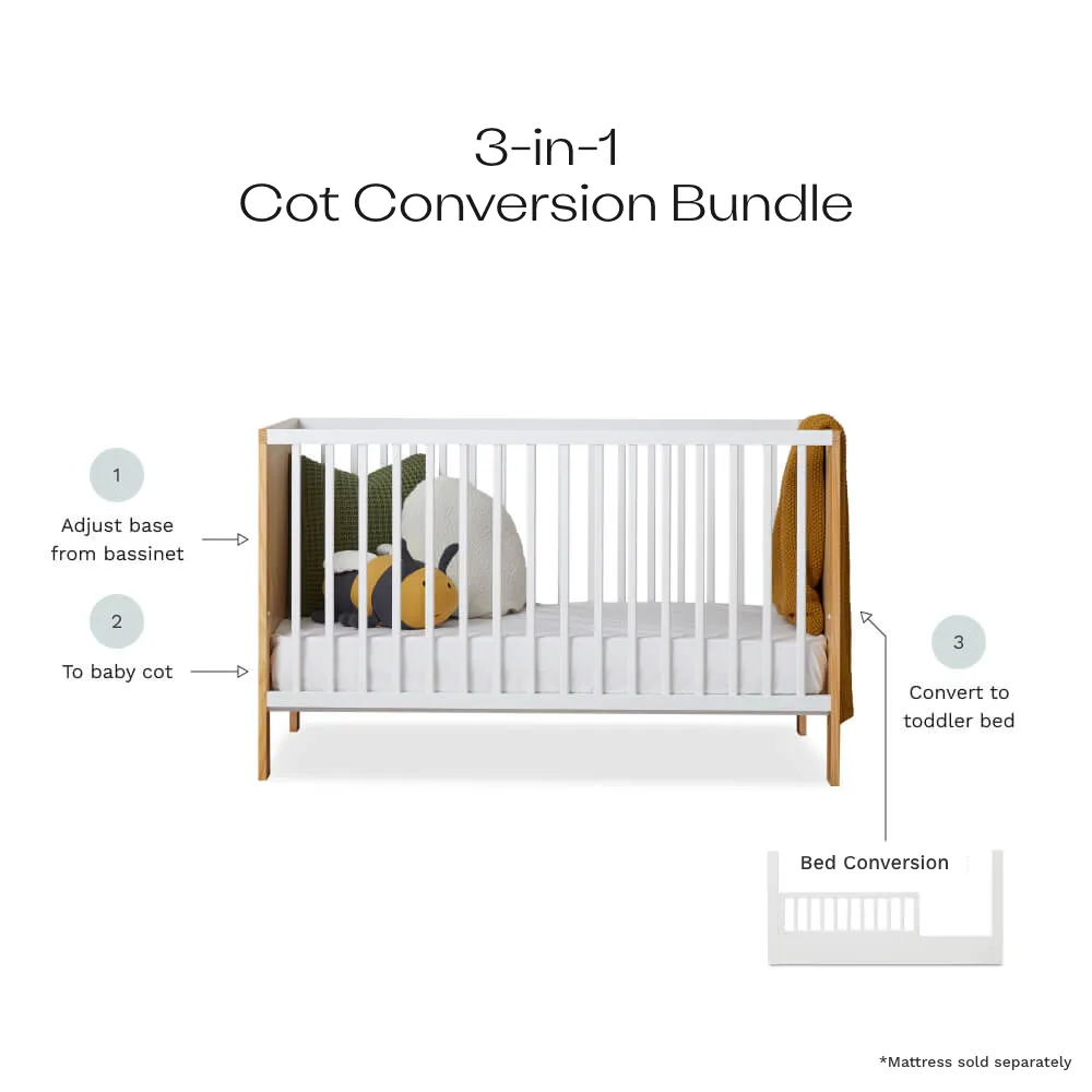 Aspiring White/Natural 3-in-1 Cot White Conversion Bundle Mocka