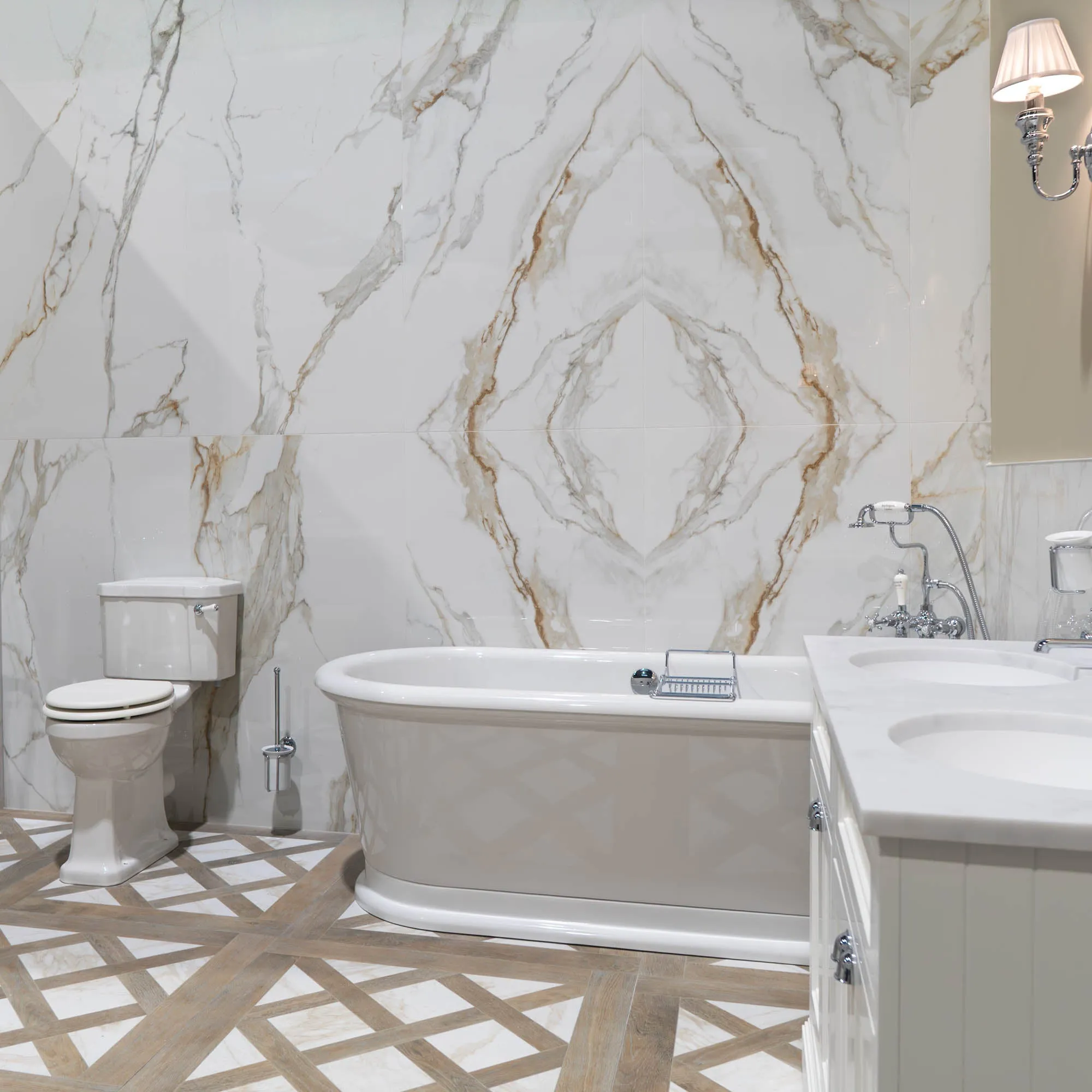 Bookmatch Praline Gold Marble Effect Porcelain Tile Set 300x150cm Polished