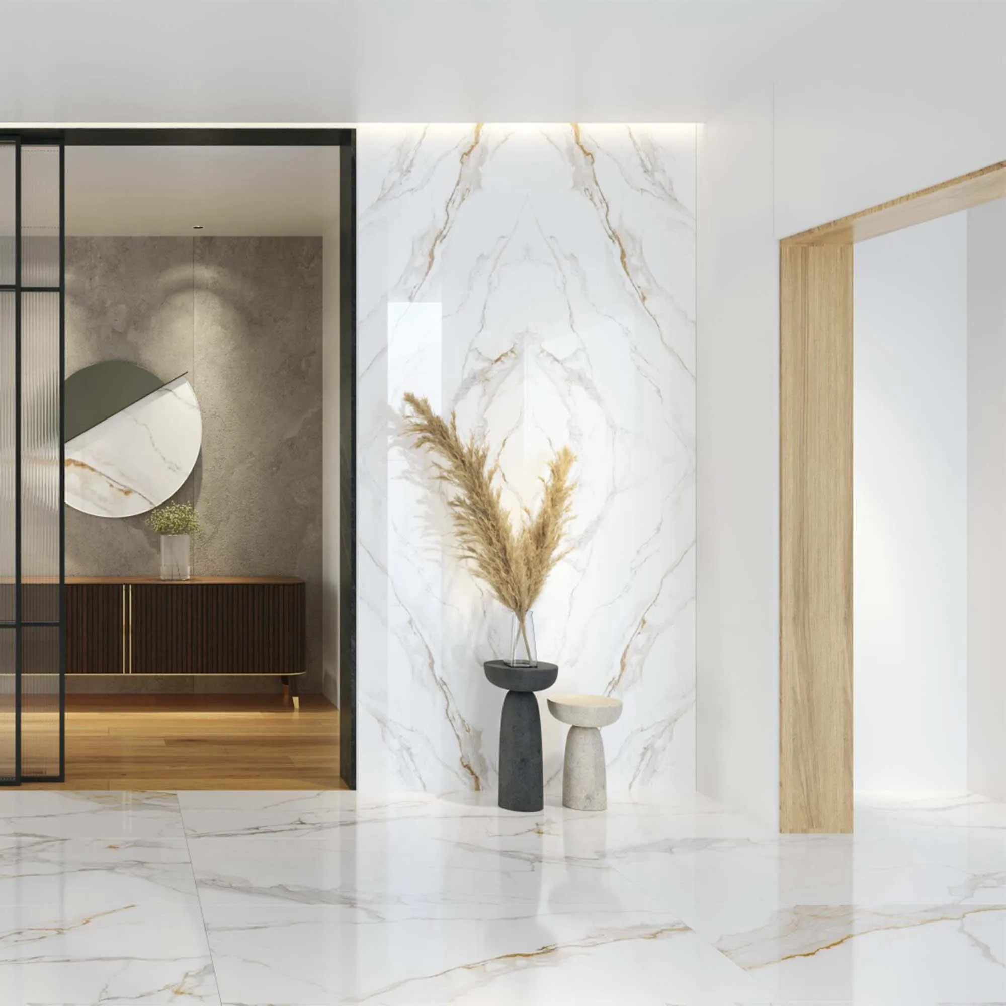 Bookmatch Praline Gold Marble Effect Porcelain Tile Set 300x150cm Polished