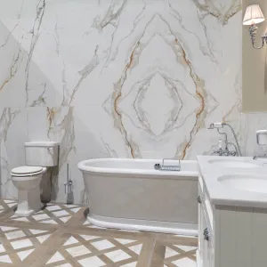 Bookmatch Praline Gold Marble Effect Porcelain Tile Set 300x150cm Polished