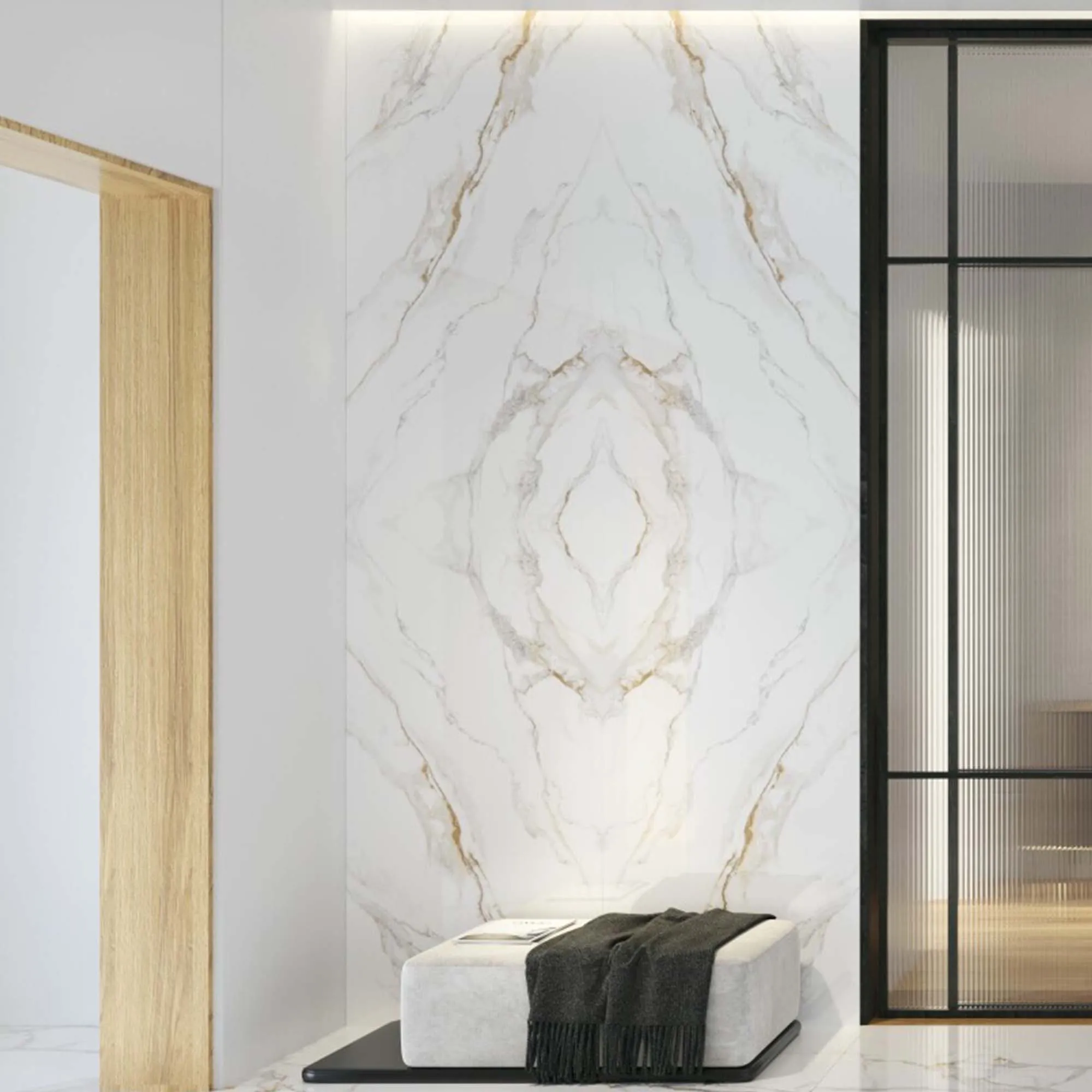 Bookmatch Praline Gold Marble Effect Porcelain Tile Set 300x150cm Polished
