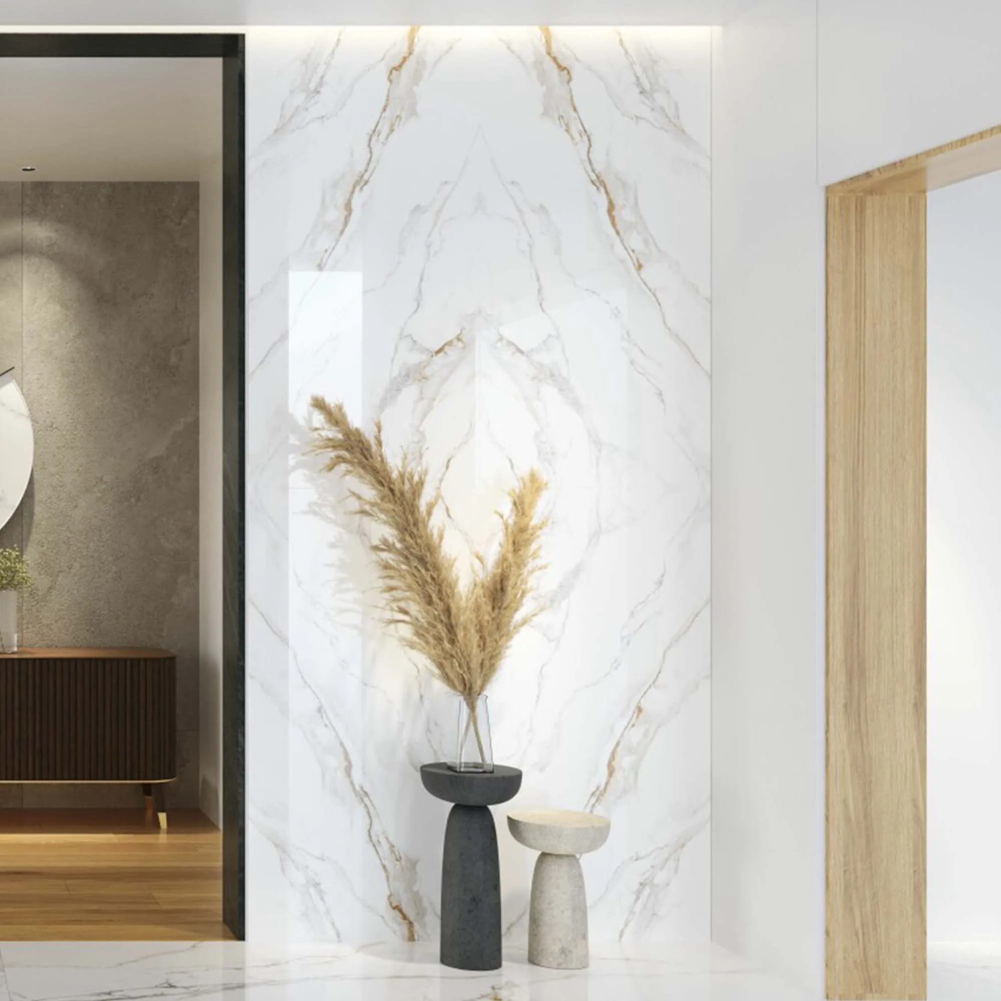 Bookmatch Praline Gold Marble Effect Porcelain Tile Set 300x150cm Polished