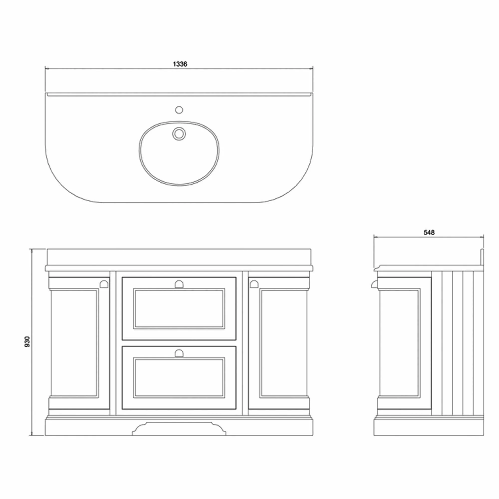 Burlington 1340 Freestanding 2 Drawer 2 Door Curved Vanity Unit With Worktop and Basin