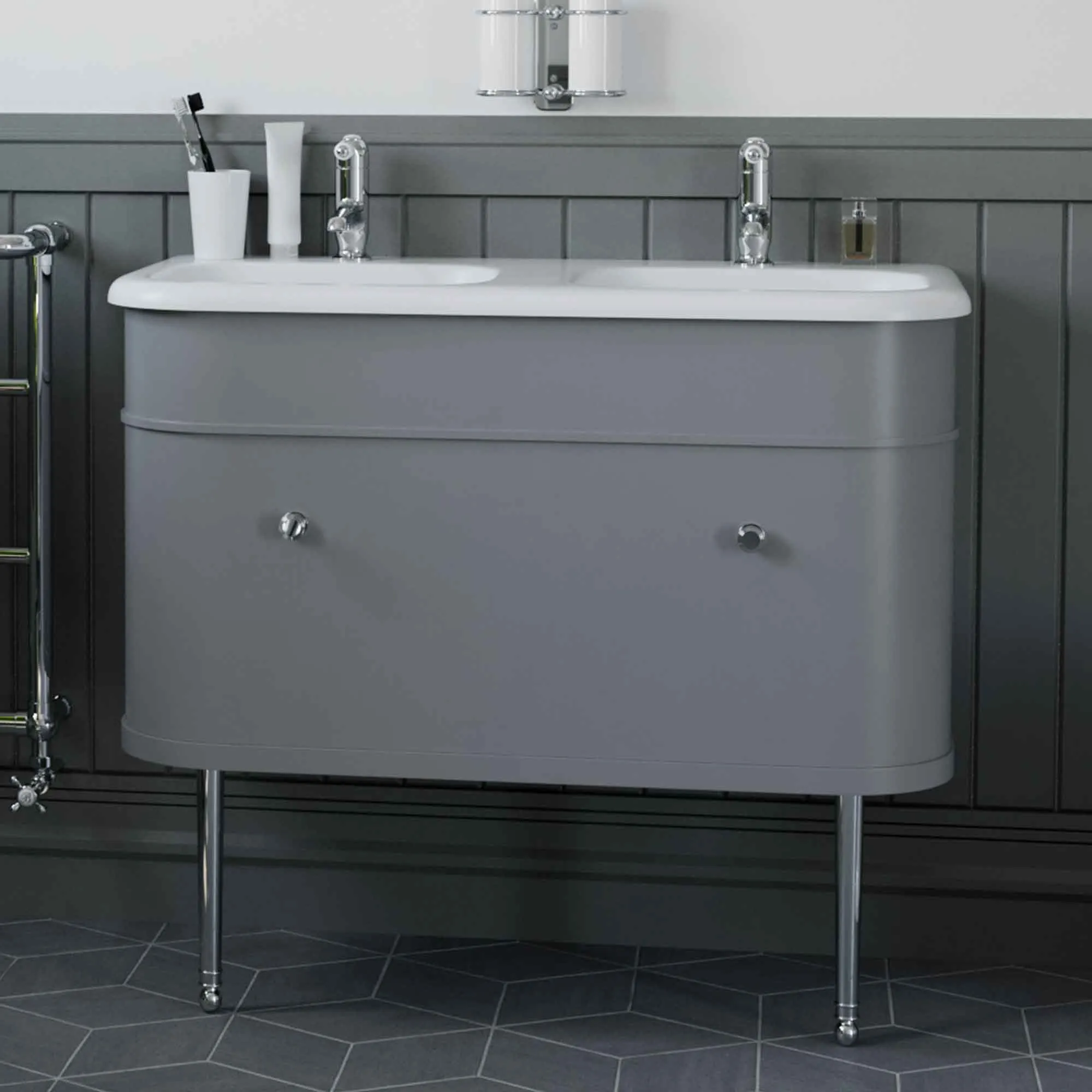 Burlington Chalfont 1000 Wall Mounted Vanity Unit With Double Roll Top Basin - Classic Grey
