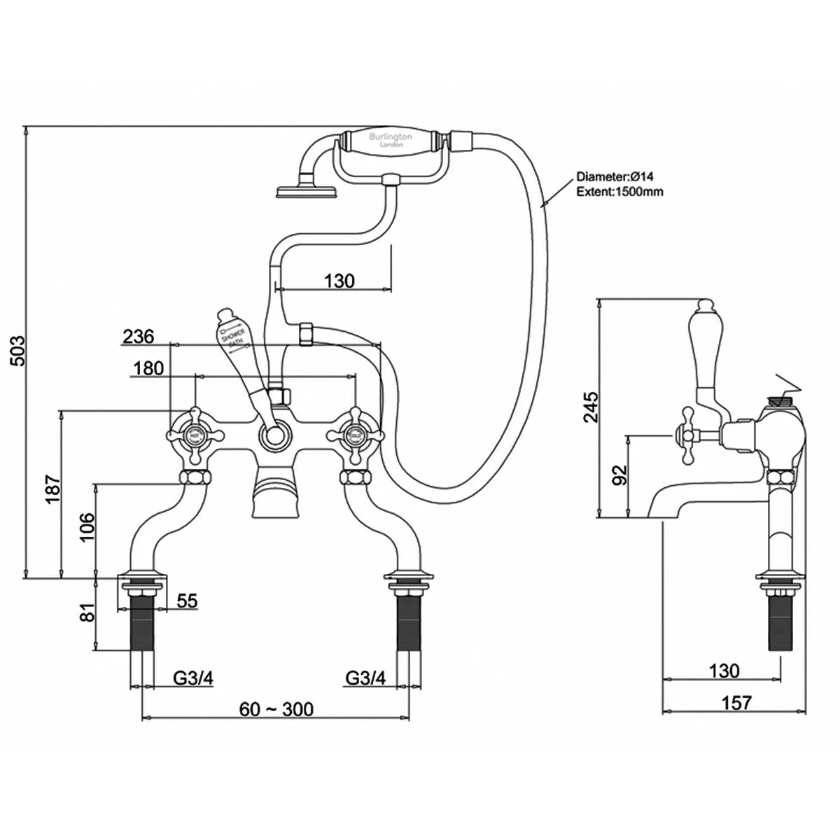 Burlington Claremont Angled Deck Mounted Bath Shower Mixer With S Adjuster