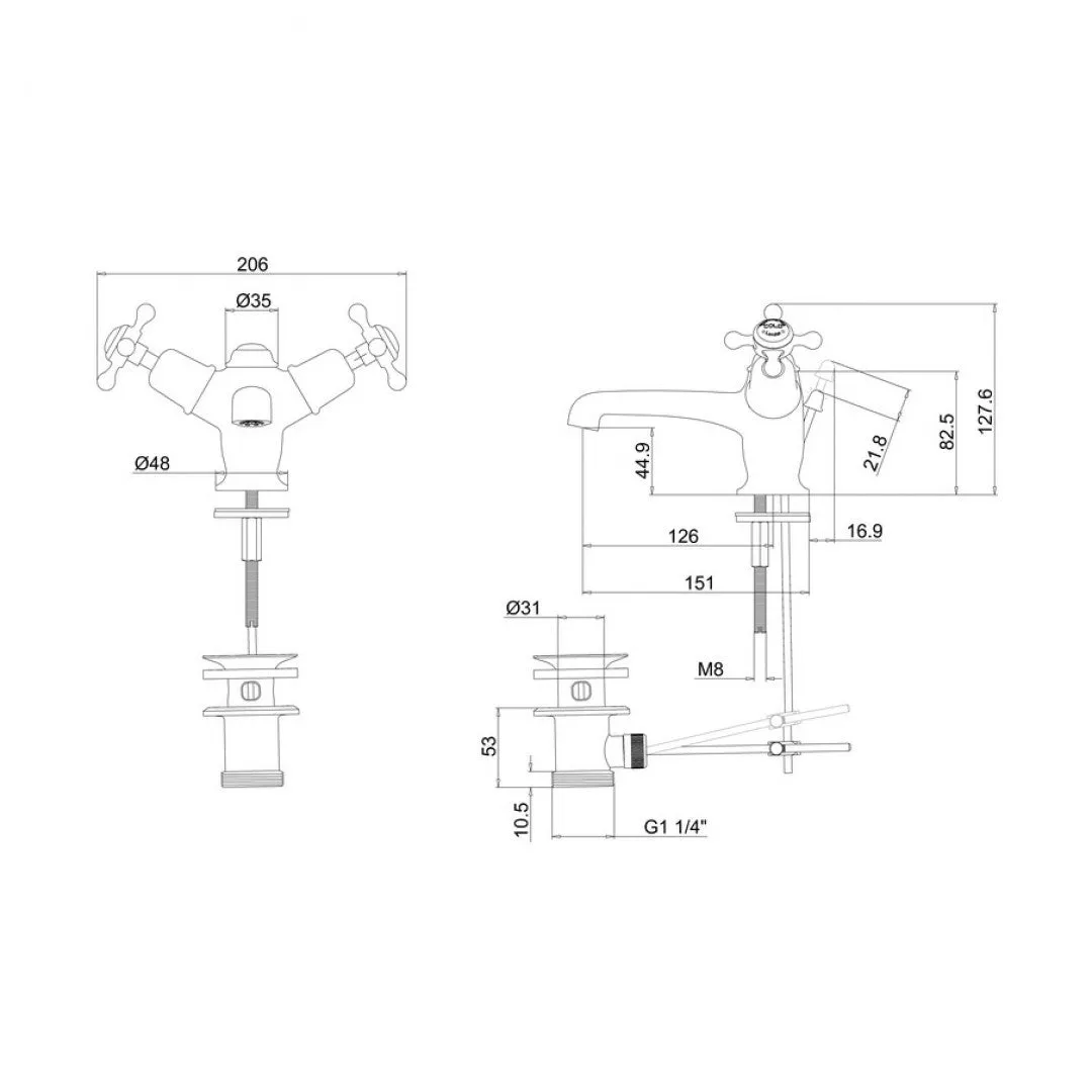 Burlington Claremont Basin Mixer With Pull Rod Lever Waste