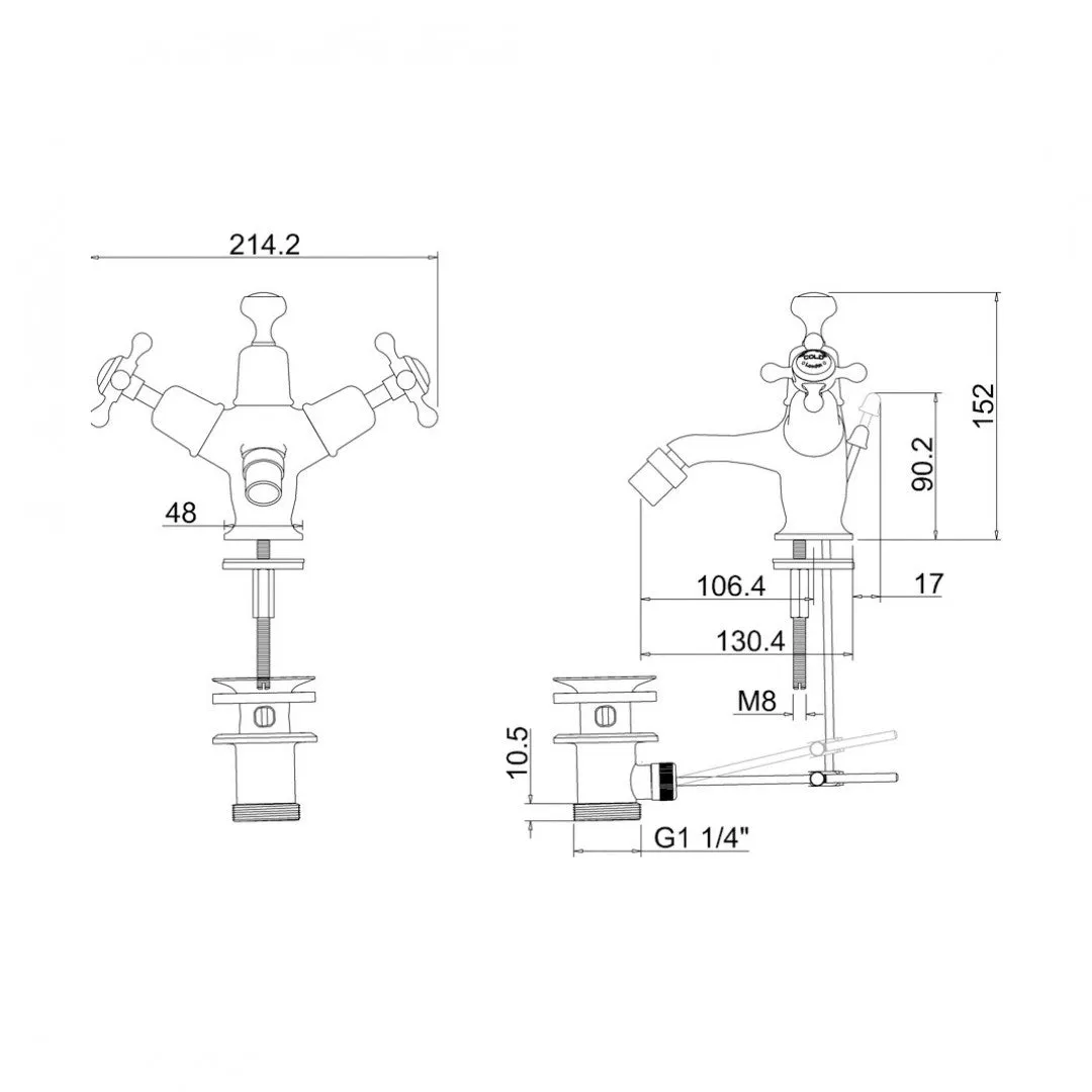 Burlington Claremont Bidet Mixer With High Central Indice and Pull Rod Lever Waste