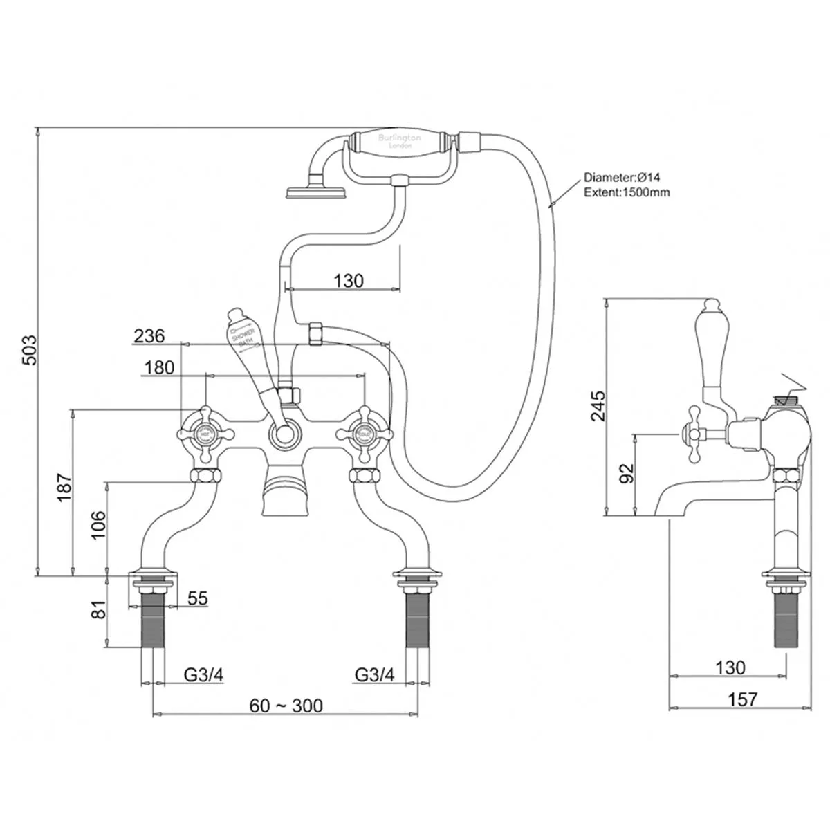 Burlington Claremont Deck Mounted Bath Shower Mixer With S Adjuster