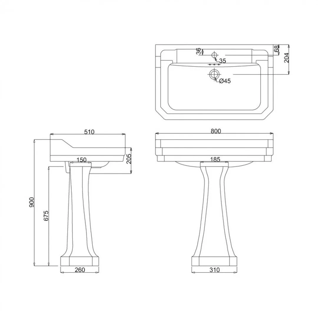 Burlington Edwardian Rectangular White Basin With Standard Pedestal