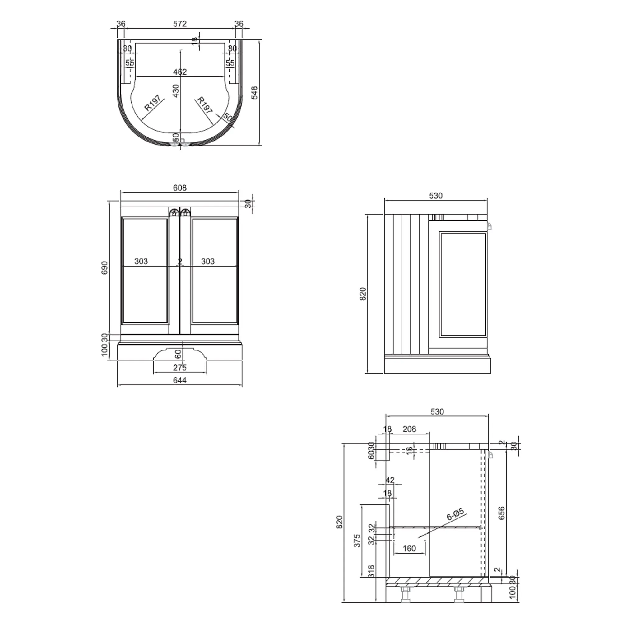 Burlington Freestanding Curved 650 Vanity Unit With Worktop and Integrated Bowl