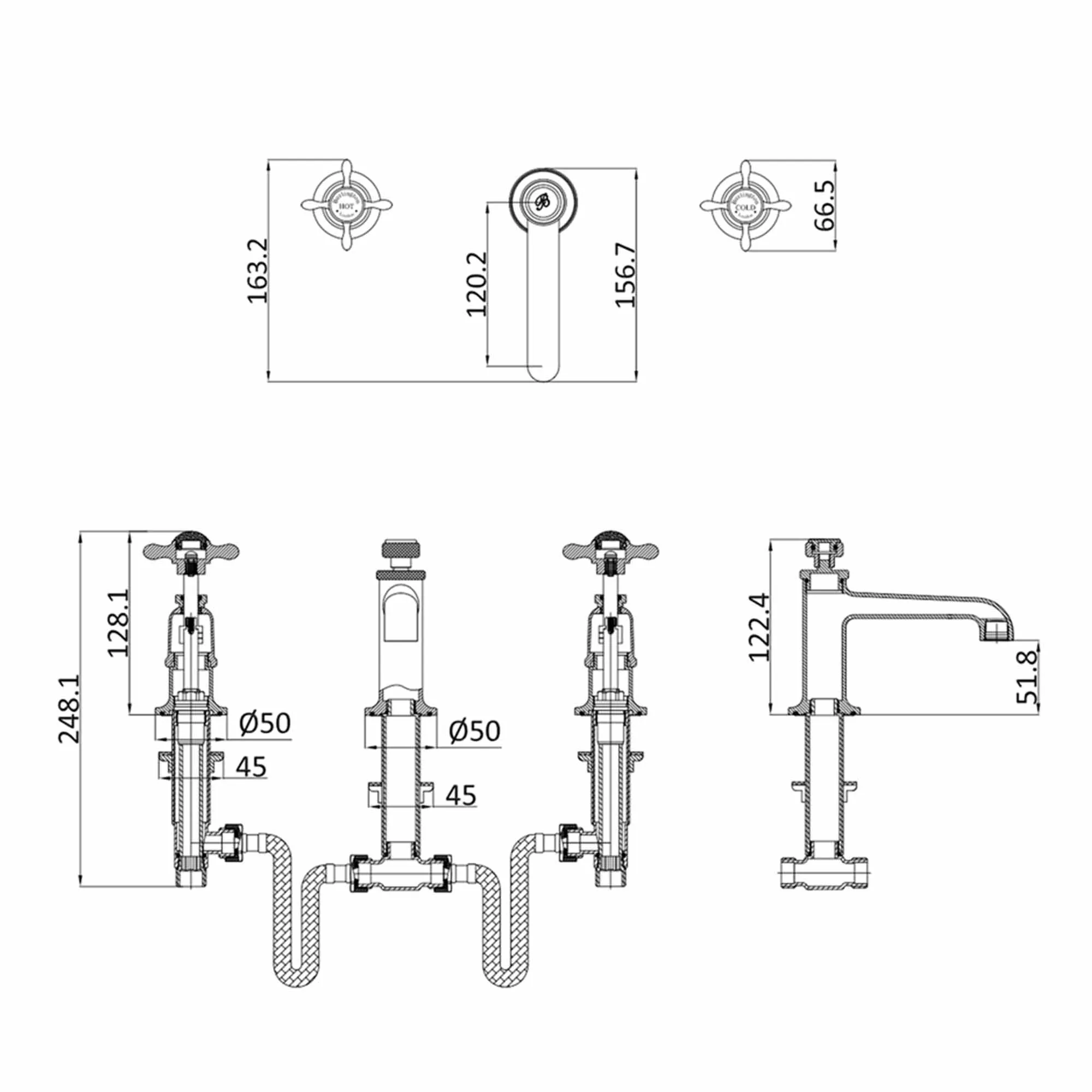 Burlington Guild 3 Hole Wall Mounted Basin Mixer Tap