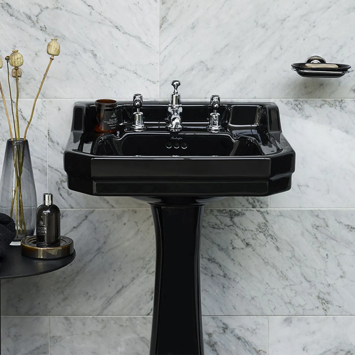 Burlington Jet Edwardian 56cm Black Rectangular Basin With Standard Pedestal