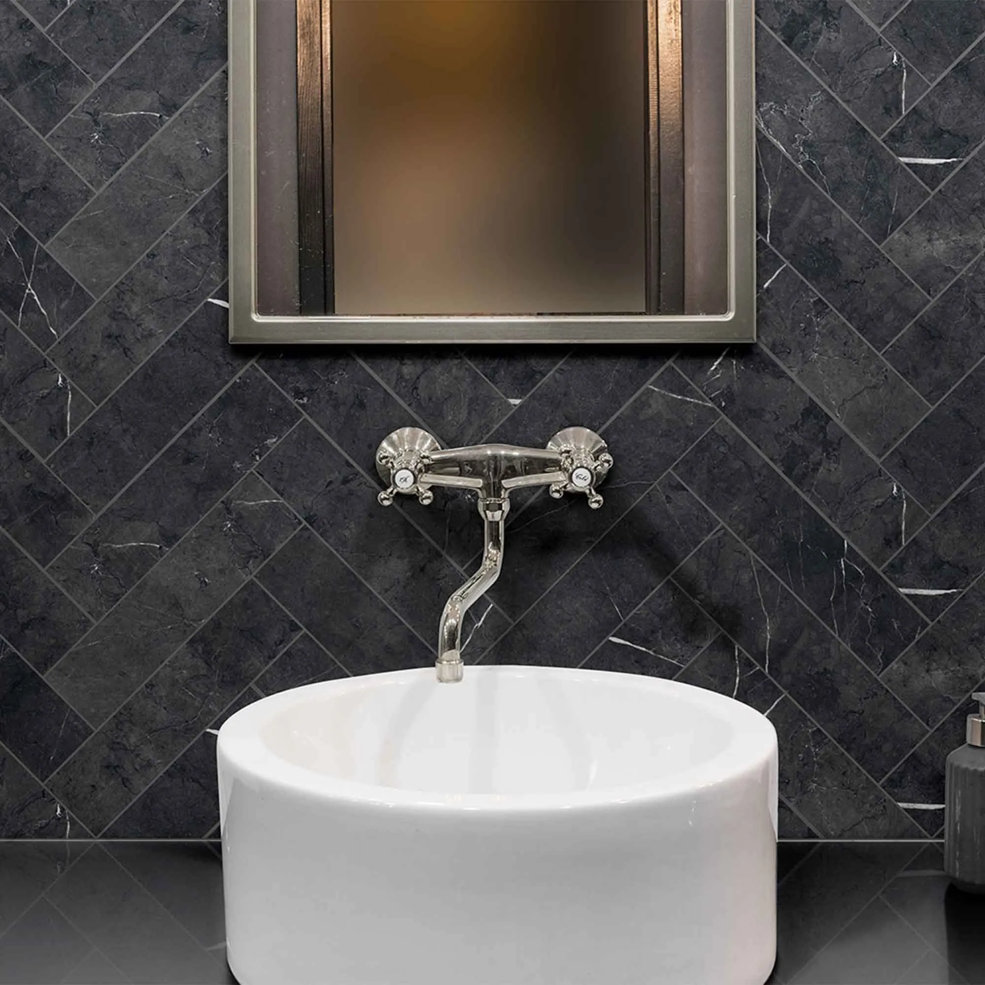 Chester Nero Marquina Marble Effect Porcelain Tile 7.5x30cm Matt