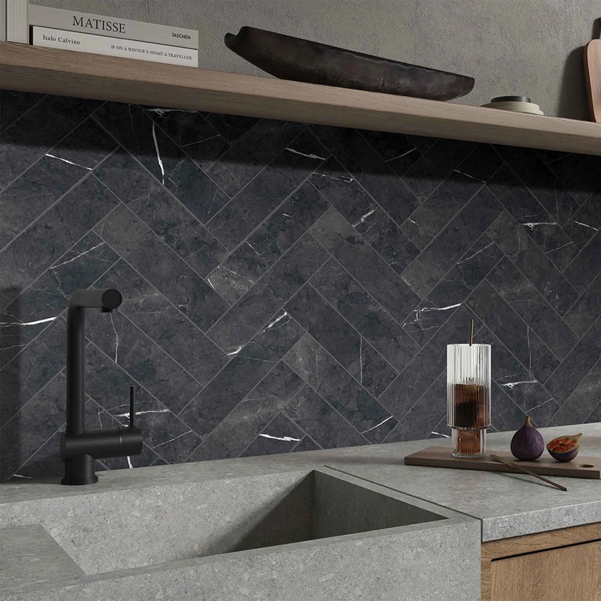 Chester Nero Marquina Marble Effect Porcelain Tile 7.5x30cm Matt