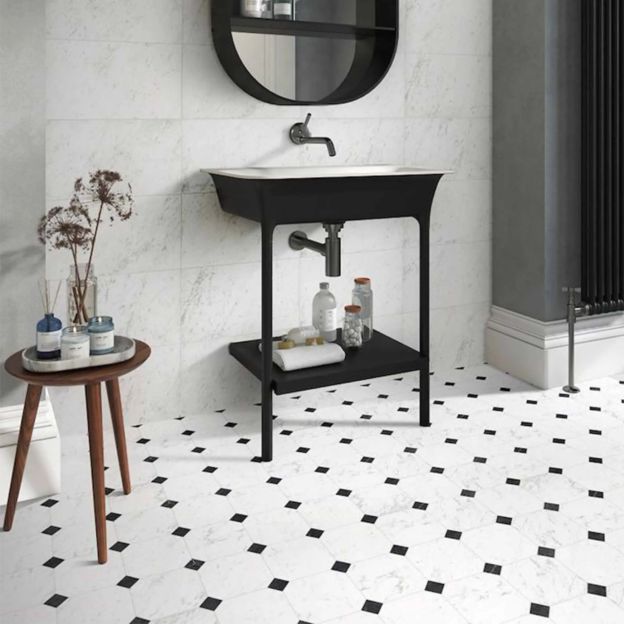 Chester Octagona Carrara Marble Effect Porcelain Tile 20x20cm Matt