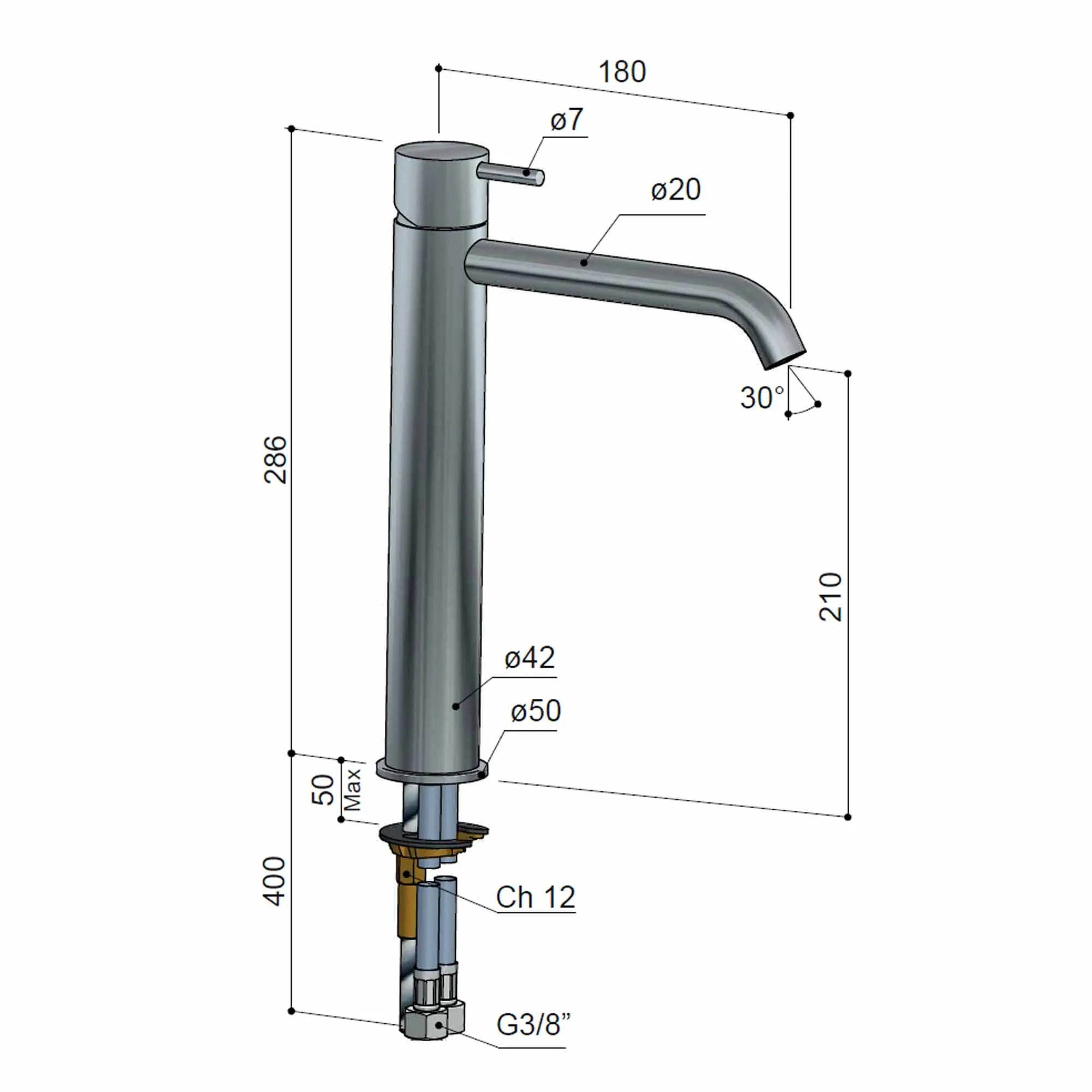 Cobber 286 Tall Basin Mixer Tap Curved Spout Monobloc