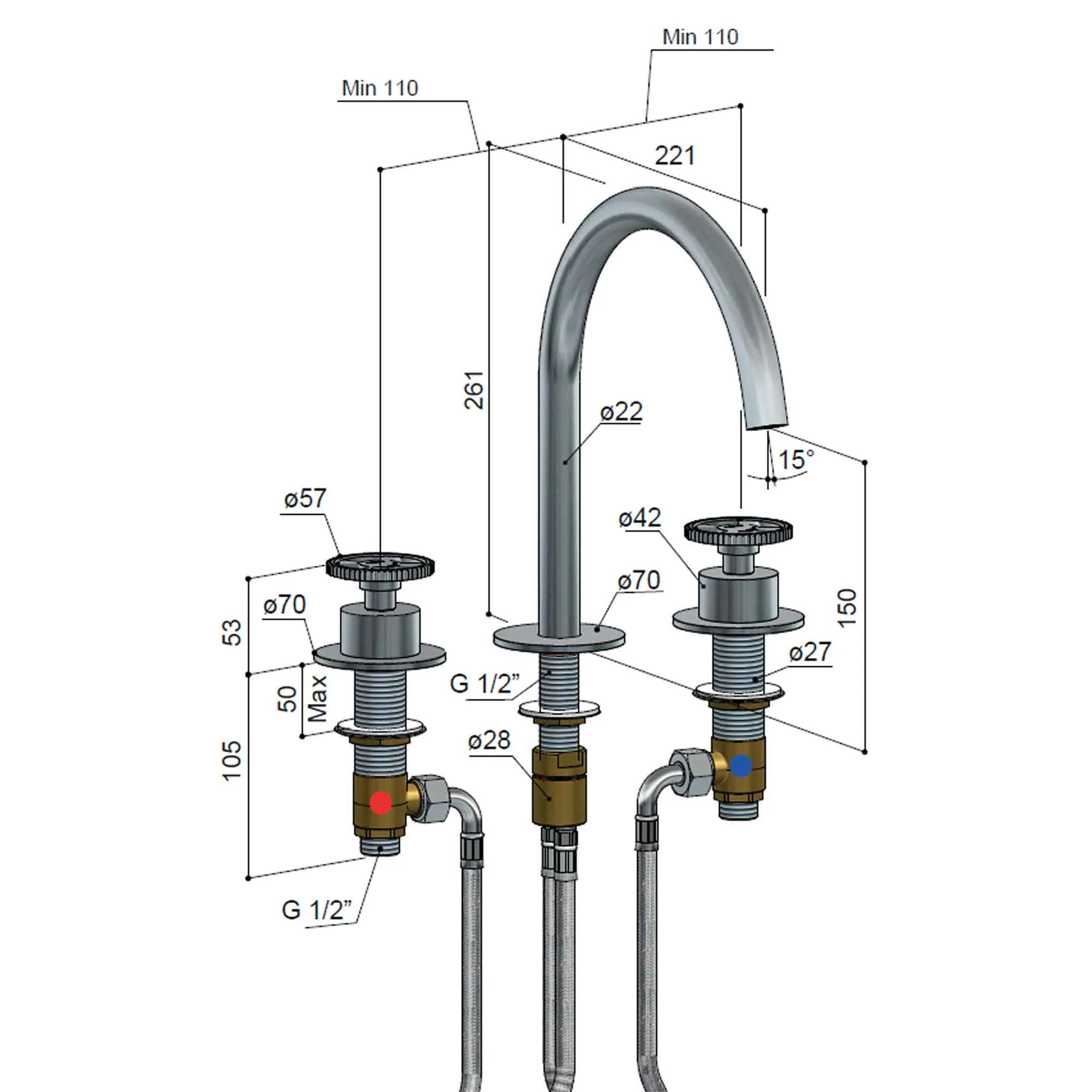 Cobber 3 Hole Deck Mounted Basin Mixer Tap with Wheel Handles