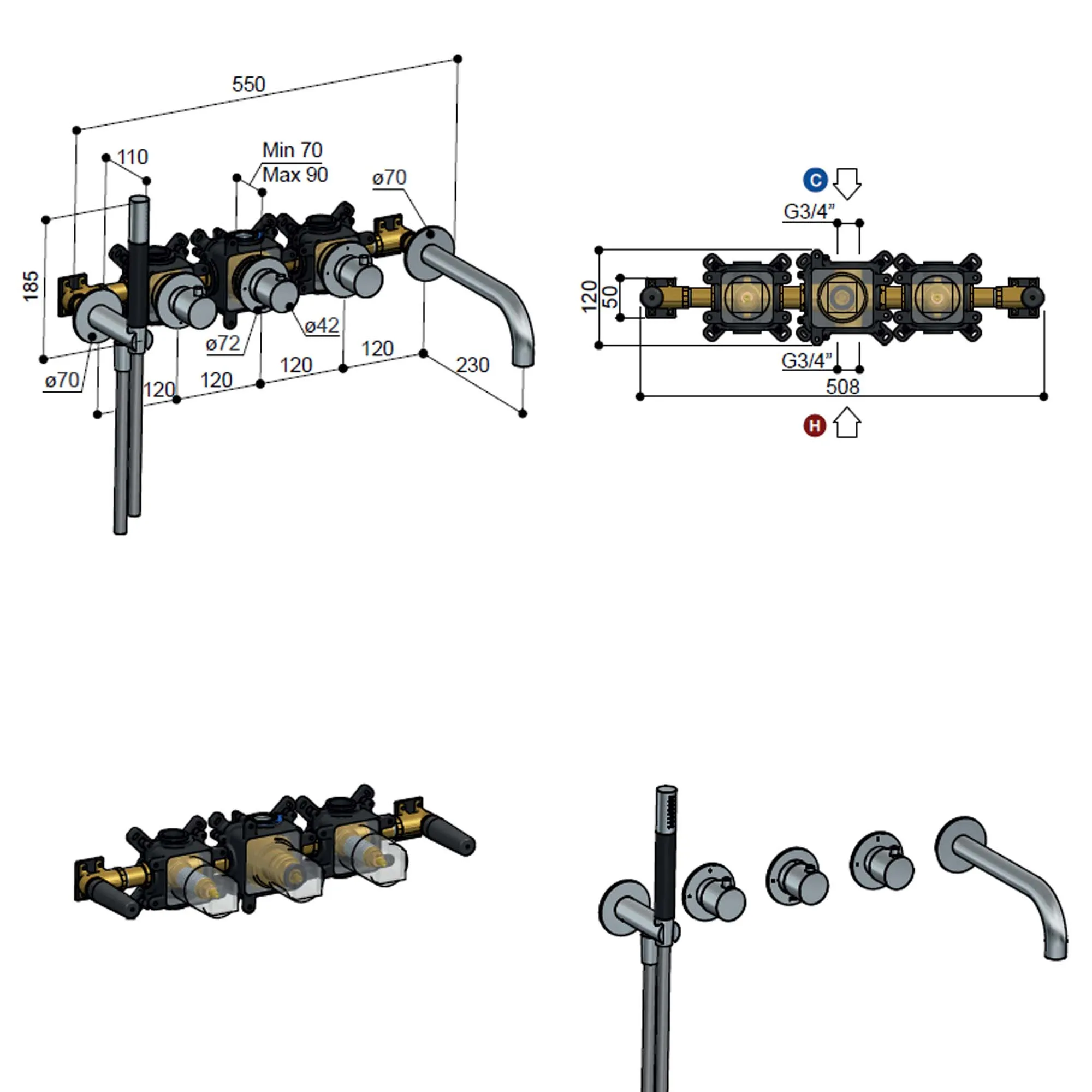 Cobber 5 Hole Wall Mounted Bath Filler with Spout & Handset
