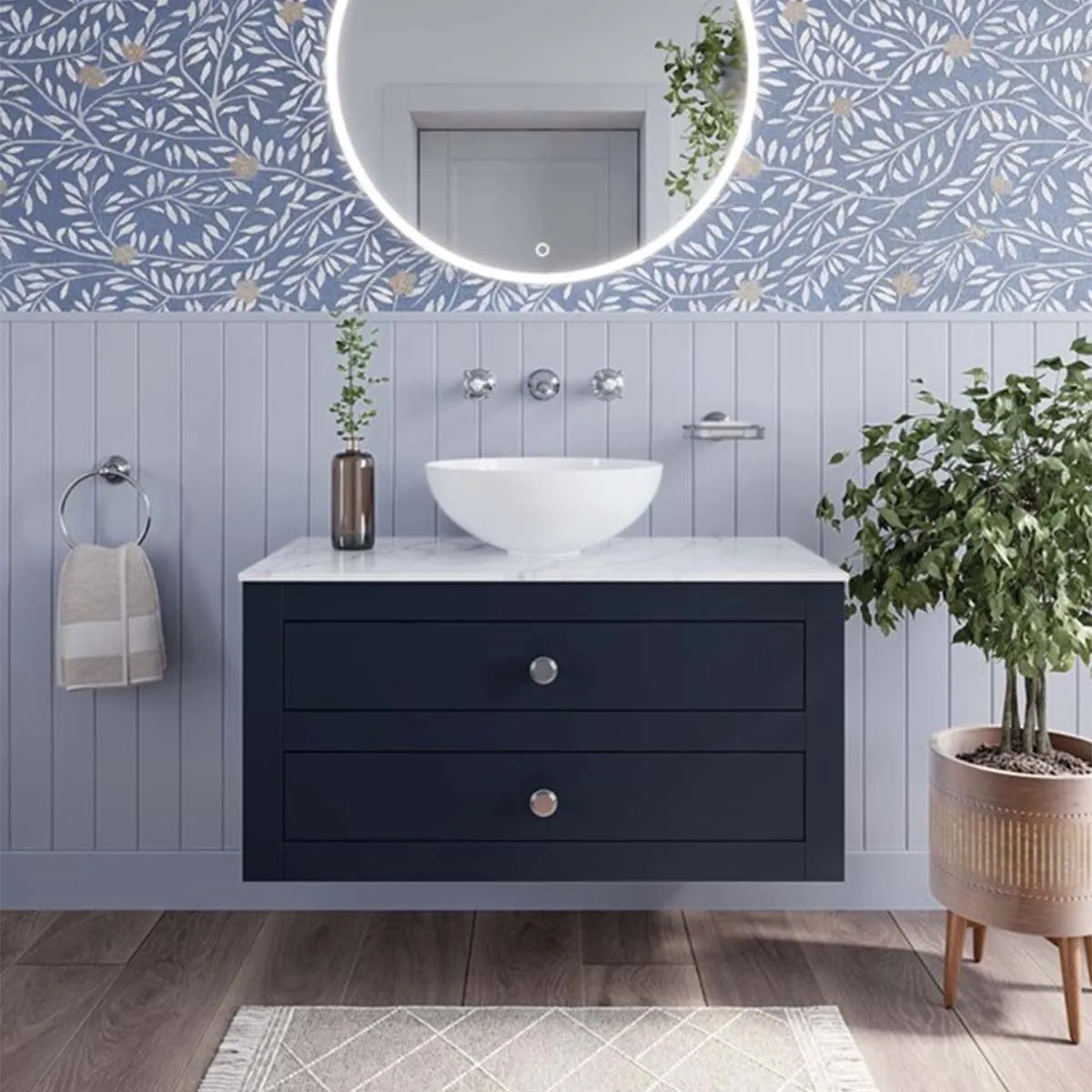 Crosswater Canvass Wall Mounted 2-Drawer Vanity Unit With Carrara Worktop - Deep Indigo Blue