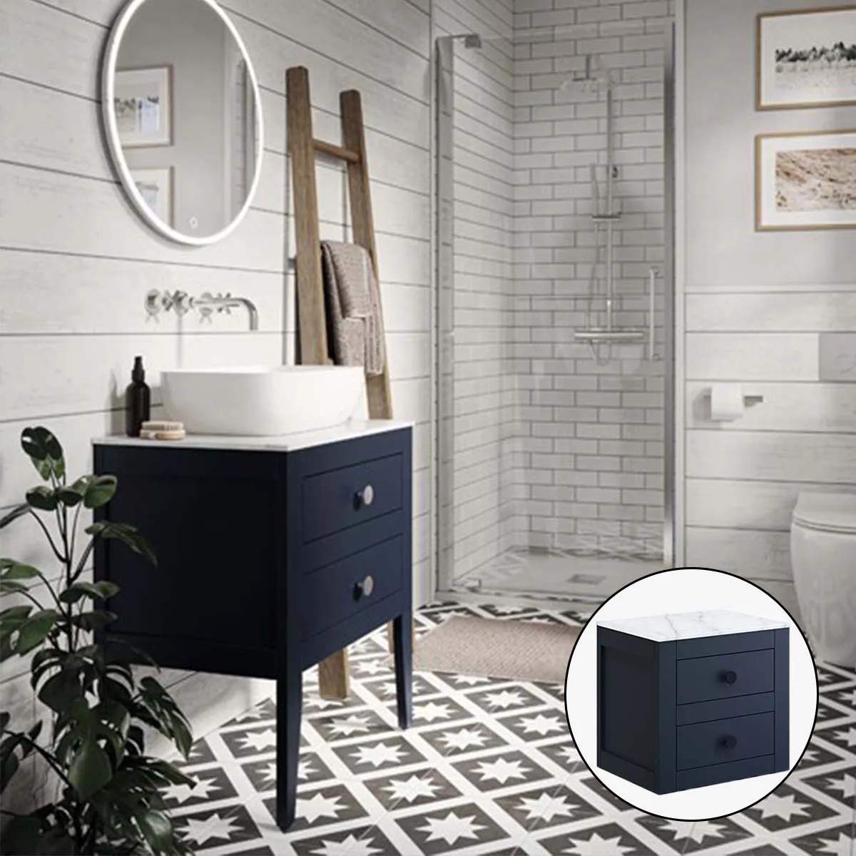 Crosswater Canvass Wall Mounted 2-Drawer Vanity Unit With Carrara Worktop - Deep Indigo Blue