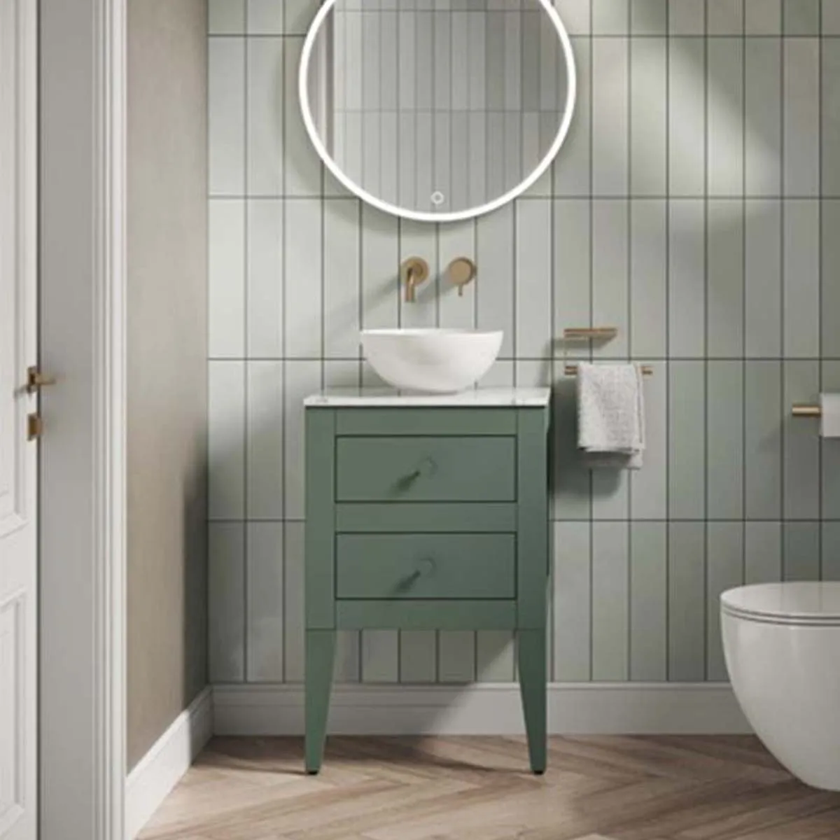 Crosswater Canvass Wall Mounted 2-Drawer Vanity Unit With Carrara Worktop - Sage Green