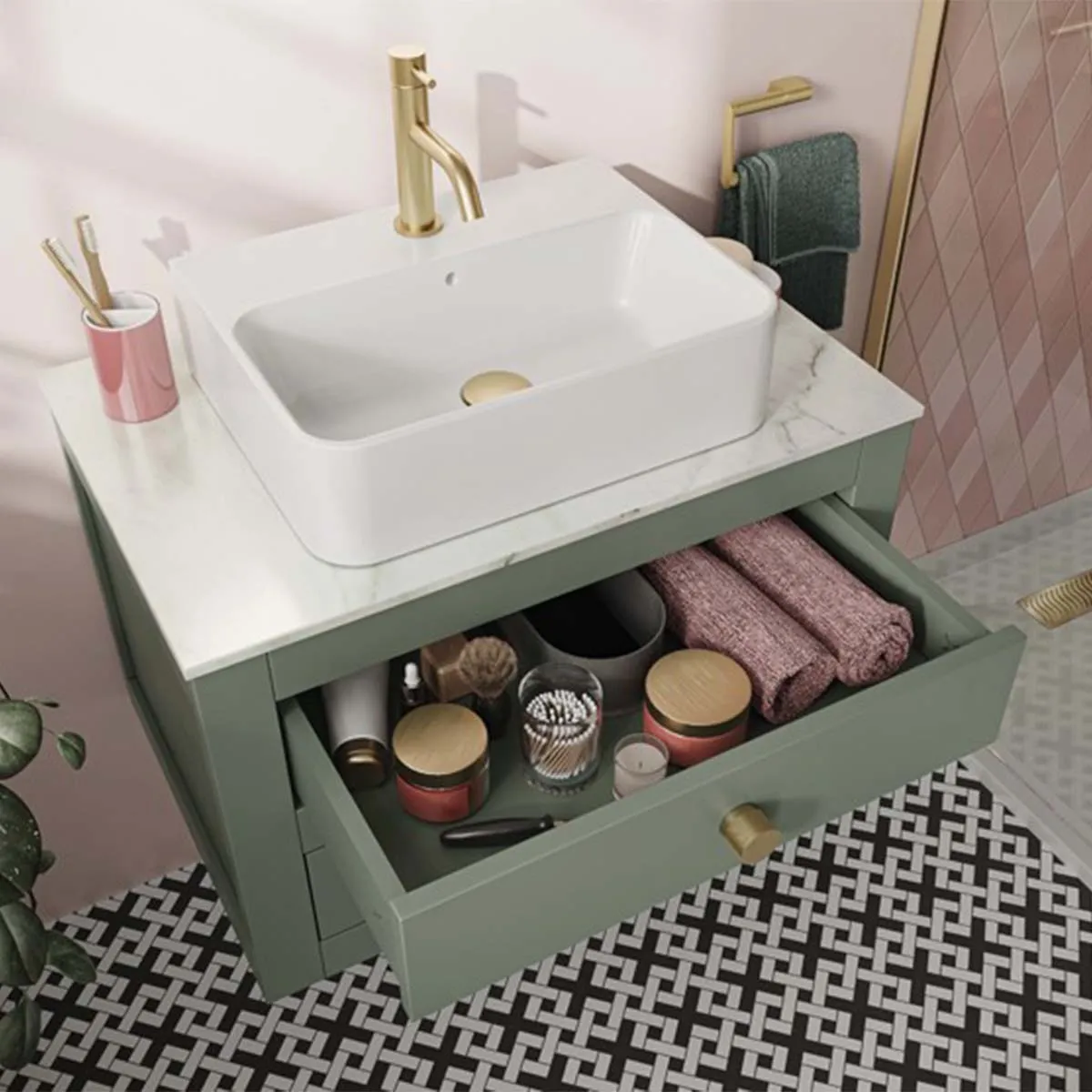 Crosswater Canvass Wall Mounted 2-Drawer Vanity Unit With Carrara Worktop - Sage Green