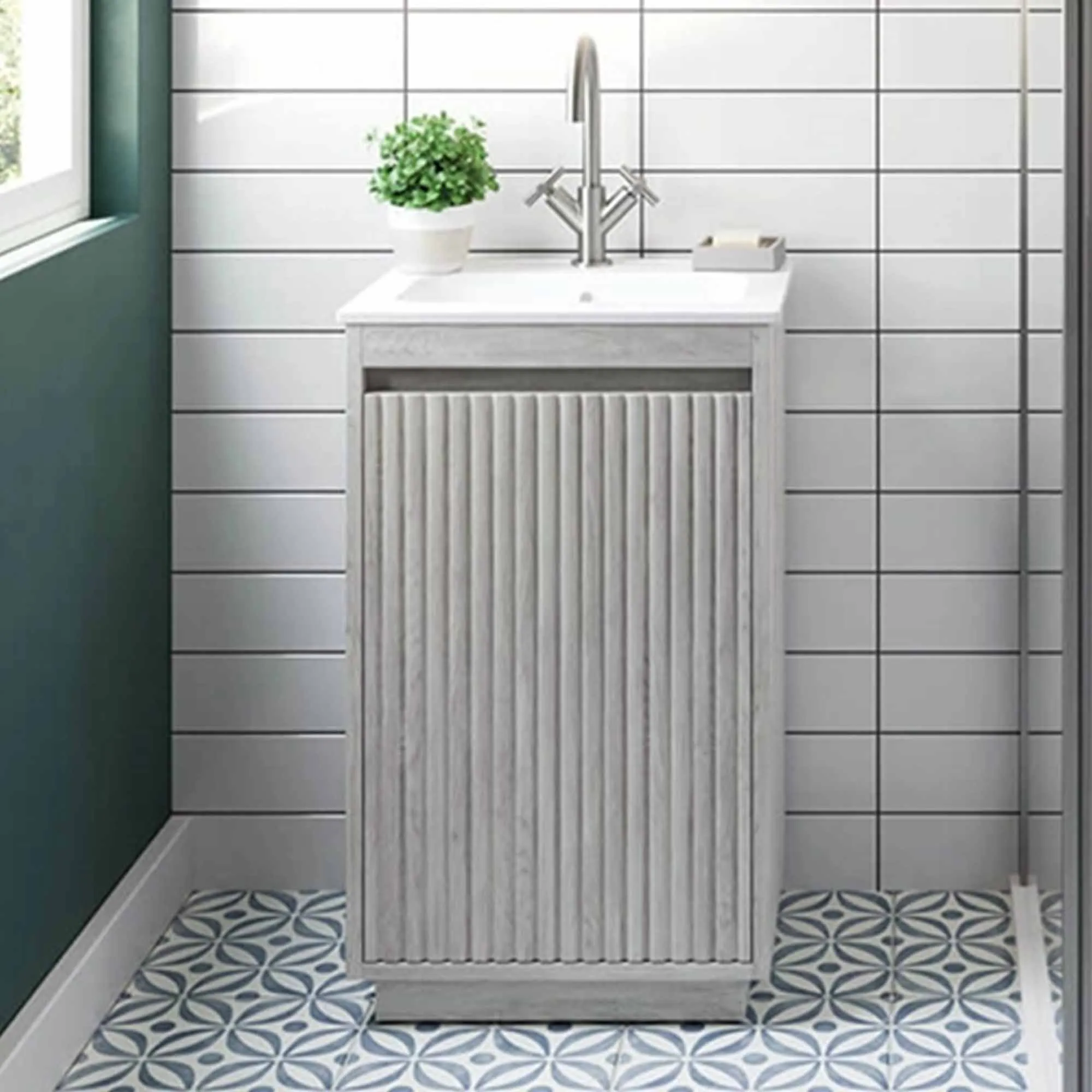Crosswater Flute Floorstanding Cloakroom Vanity Unit With Ceramic Basin - Navarra Oak