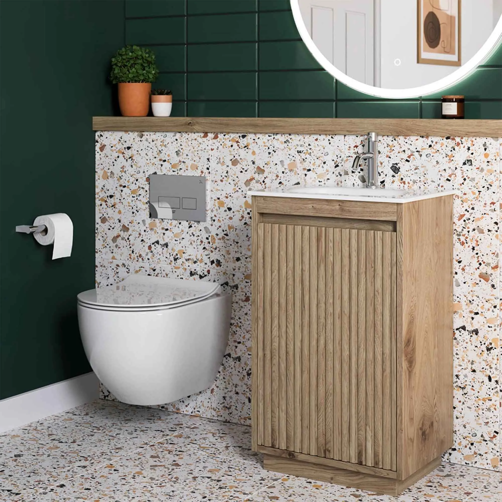 Crosswater Flute Floorstanding Cloakroom Vanity Unit With Ceramic Basin - Windsor Oak