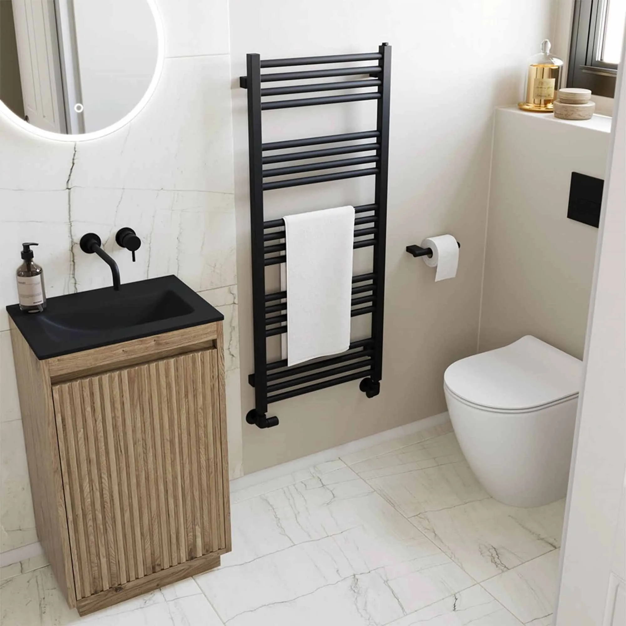 Crosswater Flute Floorstanding Cloakroom Vanity Unit With Midnight Black Glass Basin - Windsor Oak