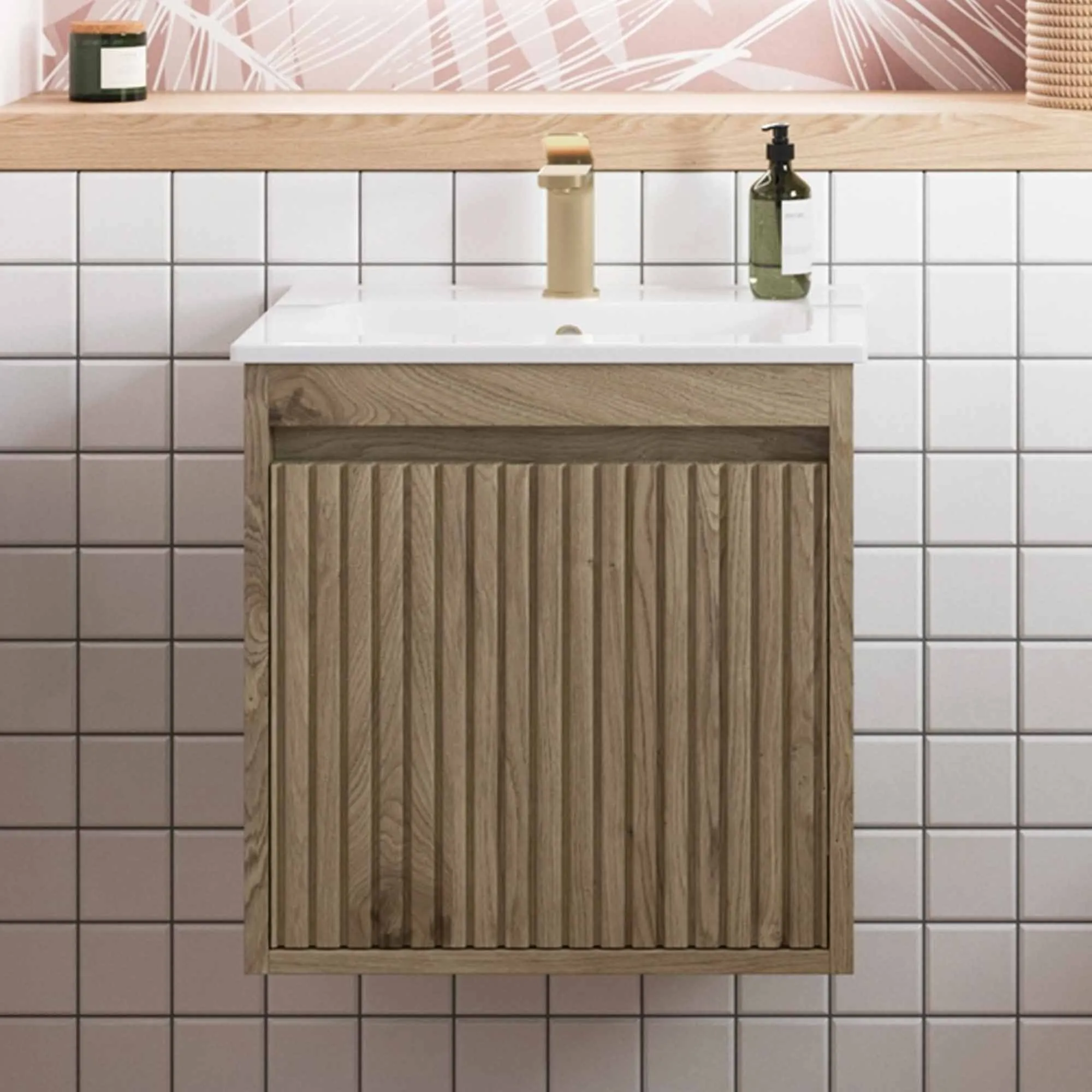Crosswater Flute Wall Mounted Cloakroom Vanity Unit With Ceramic Basin - Windsor Oak