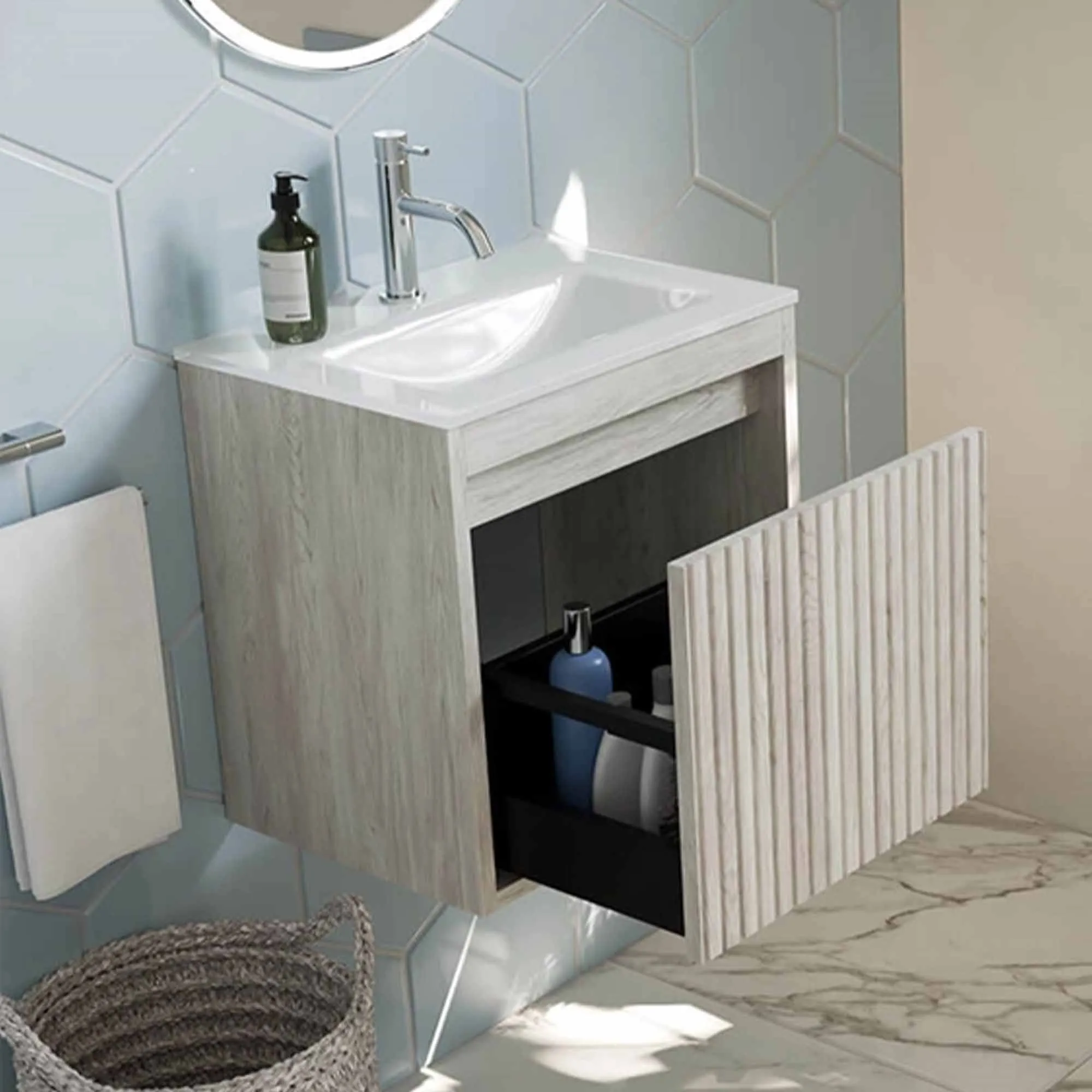Crosswater Flute Wall Mounted Cloakroom Vanity Unit With Ice White Glass Basin - Navarra Oak