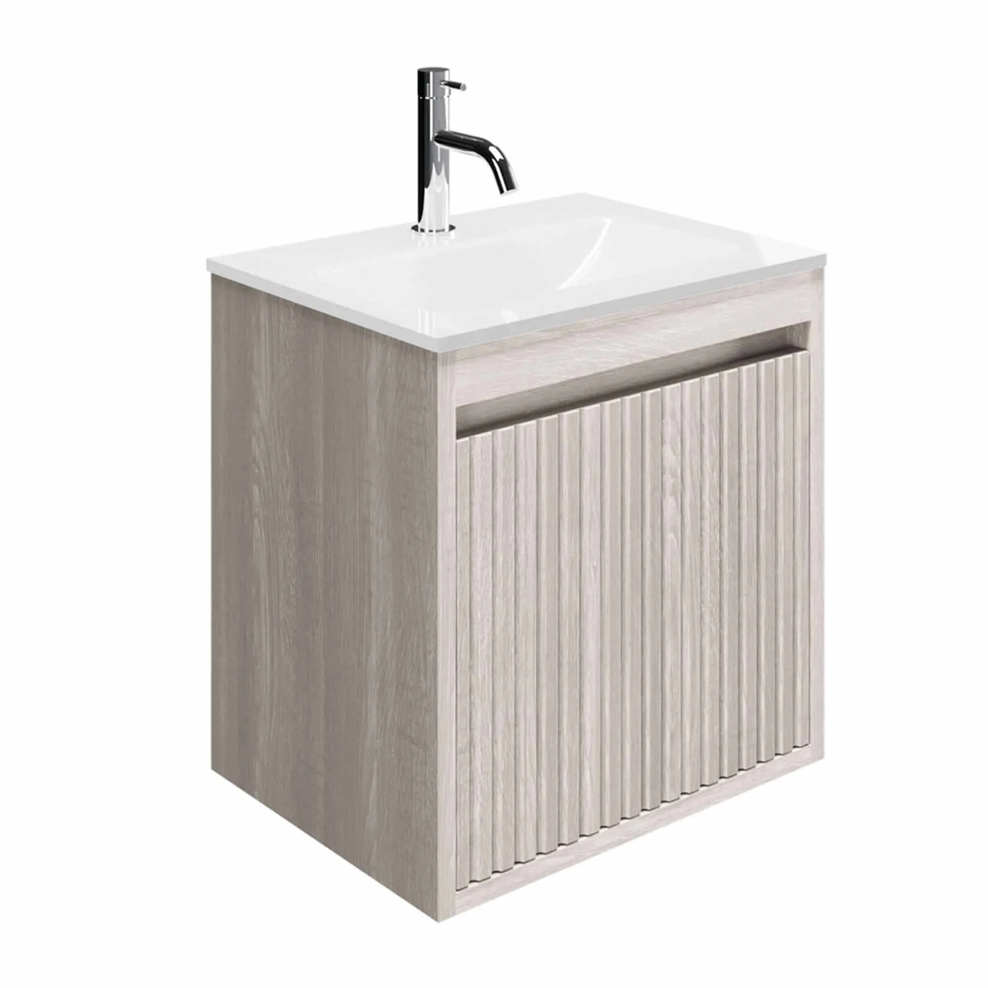 Crosswater Flute Wall Mounted Cloakroom Vanity Unit With Ice White Glass Basin - Navarra Oak