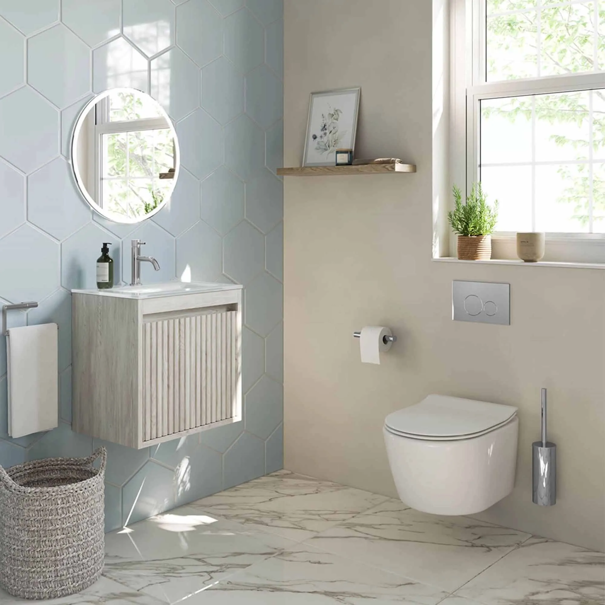 Crosswater Flute Wall Mounted Cloakroom Vanity Unit With Ice White Glass Basin - Navarra Oak