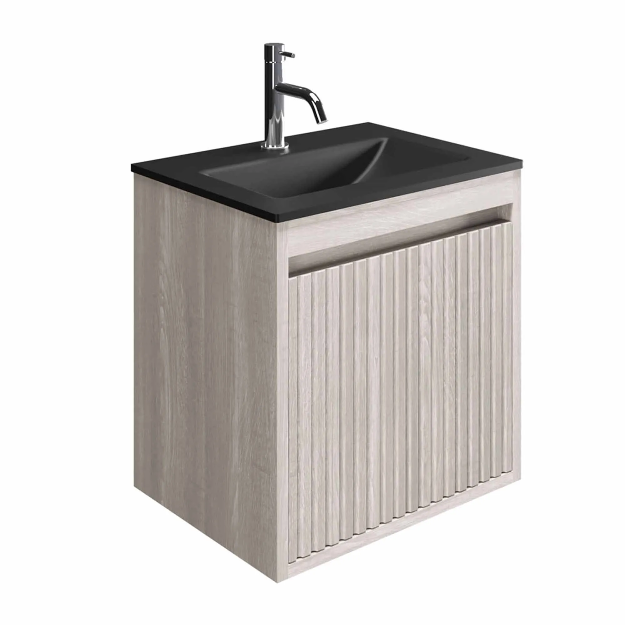 Crosswater Flute Wall Mounted Cloakroom Vanity Unit With Midnight Black Glass Basin - Navarra Oak