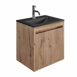 Crosswater Flute Wall Mounted Cloakroom Vanity Unit With Midnight Black Glass Basin - Windsor Oak