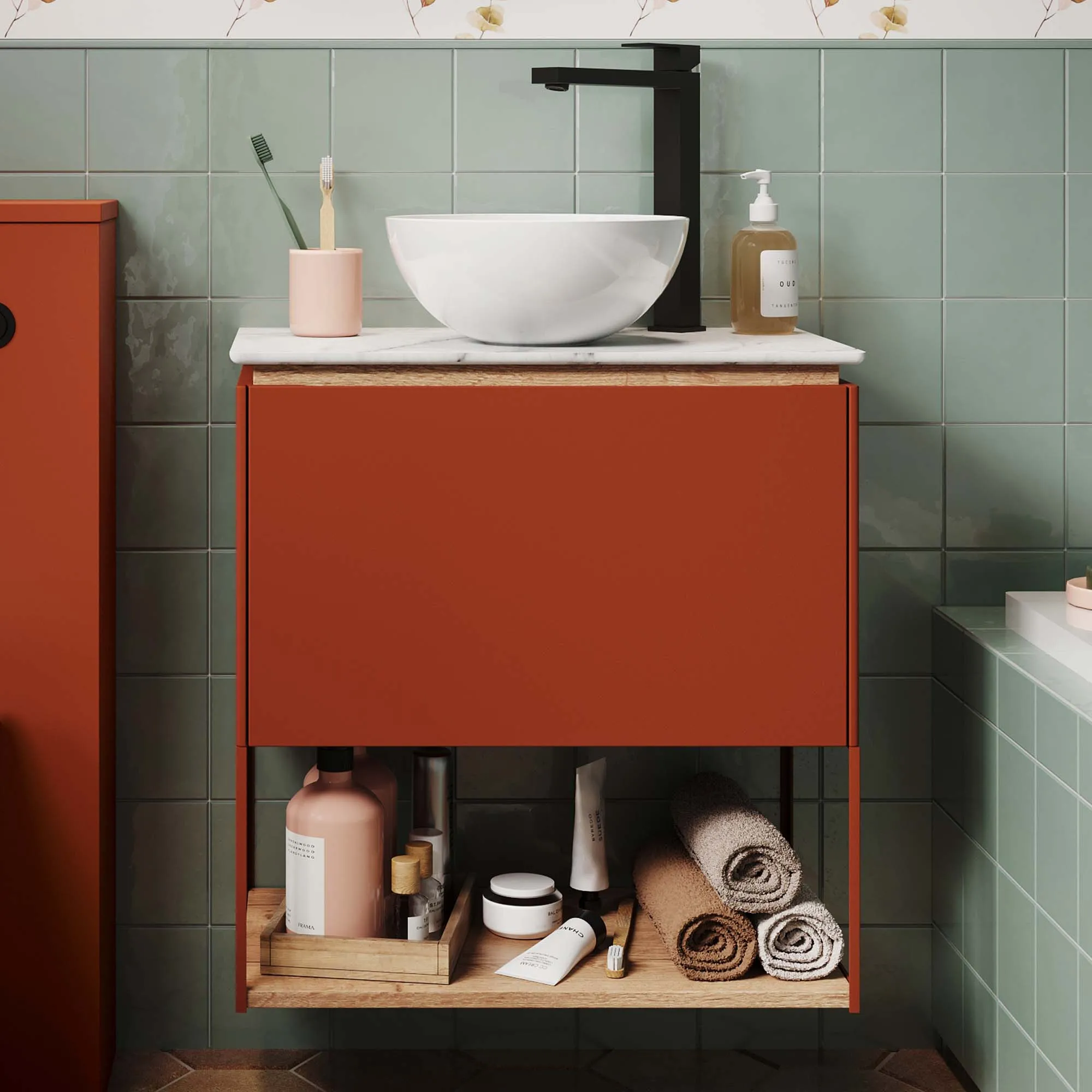 Crosswater Mada Wall Mounted Vanity Unit With Carrara Worktop - Soft Clay