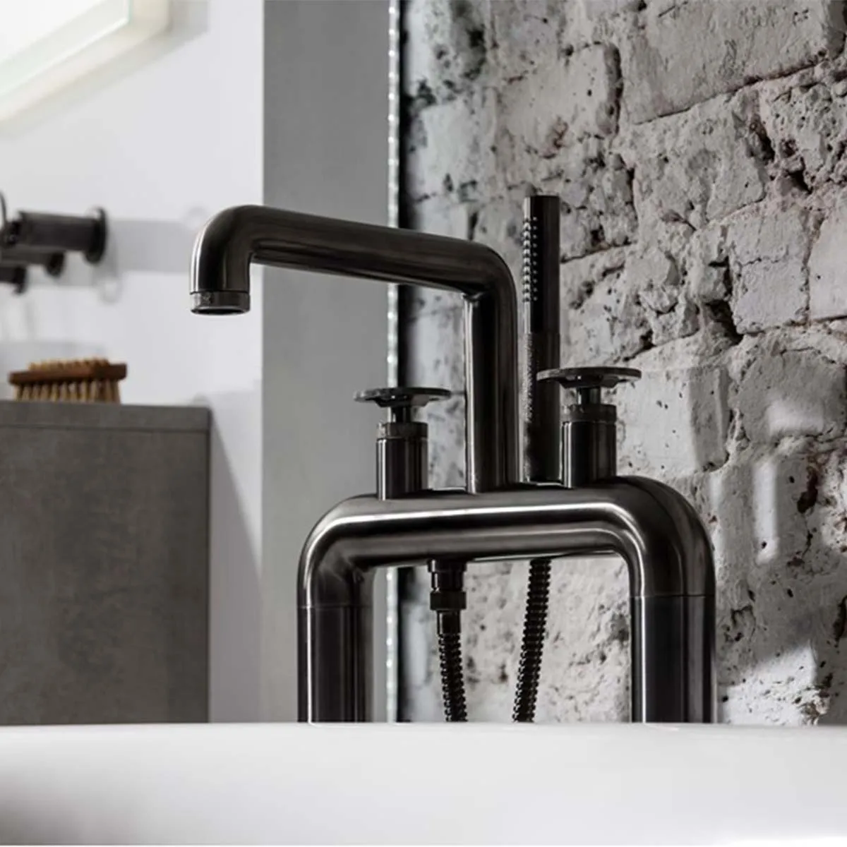Crosswater Union Industrial Floorstanding Bath Shower Mixer With Wheel Handles and Pencil Handset