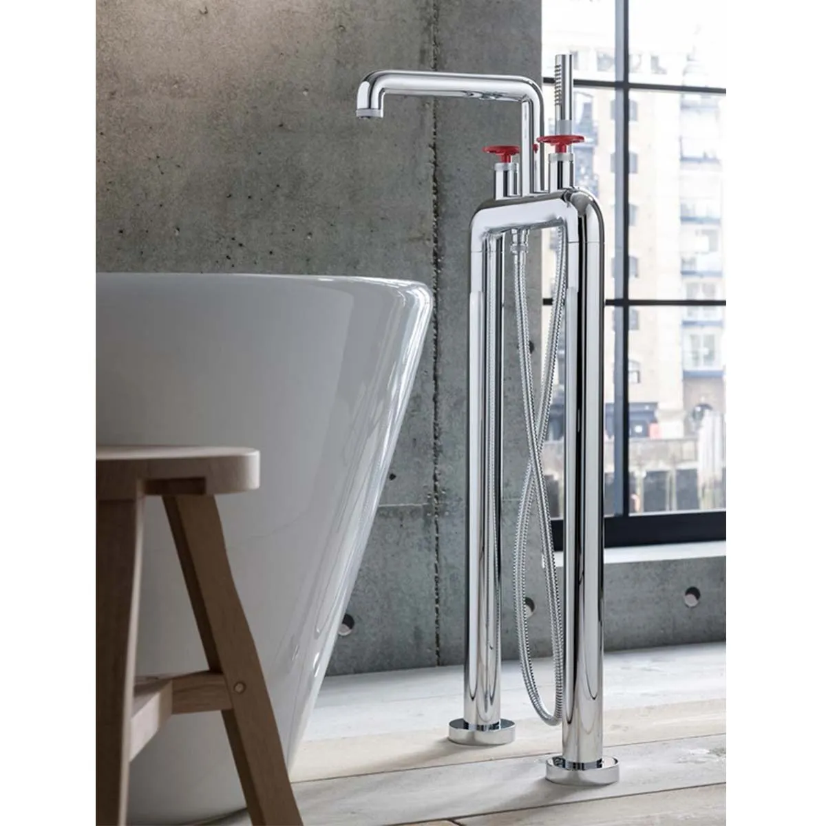 Crosswater Union Industrial Floorstanding Bath Shower Mixer With Wheel Handles and Pencil Handset