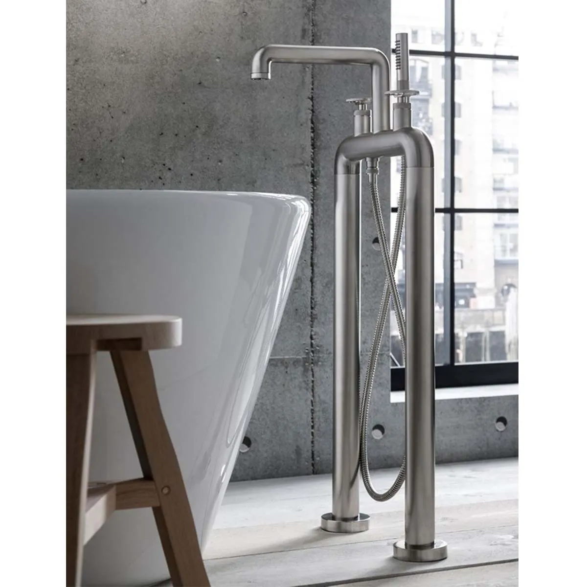Crosswater Union Industrial Floorstanding Bath Shower Mixer With Wheel Handles and Pencil Handset