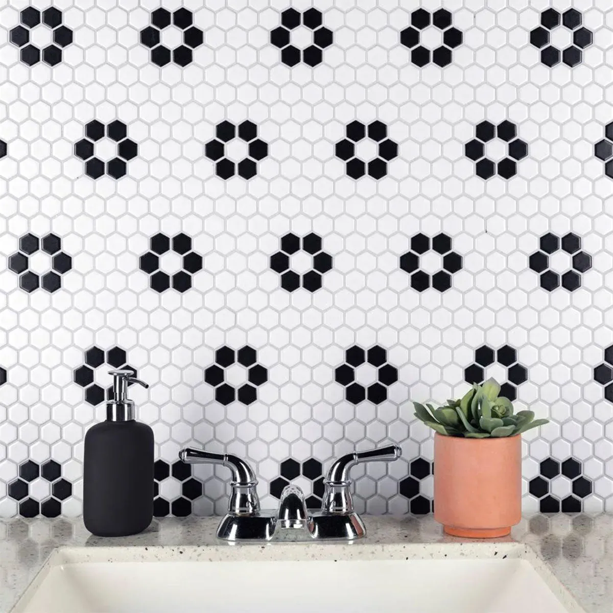 Deluxe Flower Fiore Bianco Hexagon Porcelain Mosaic Sheet 25x29cm Matt
