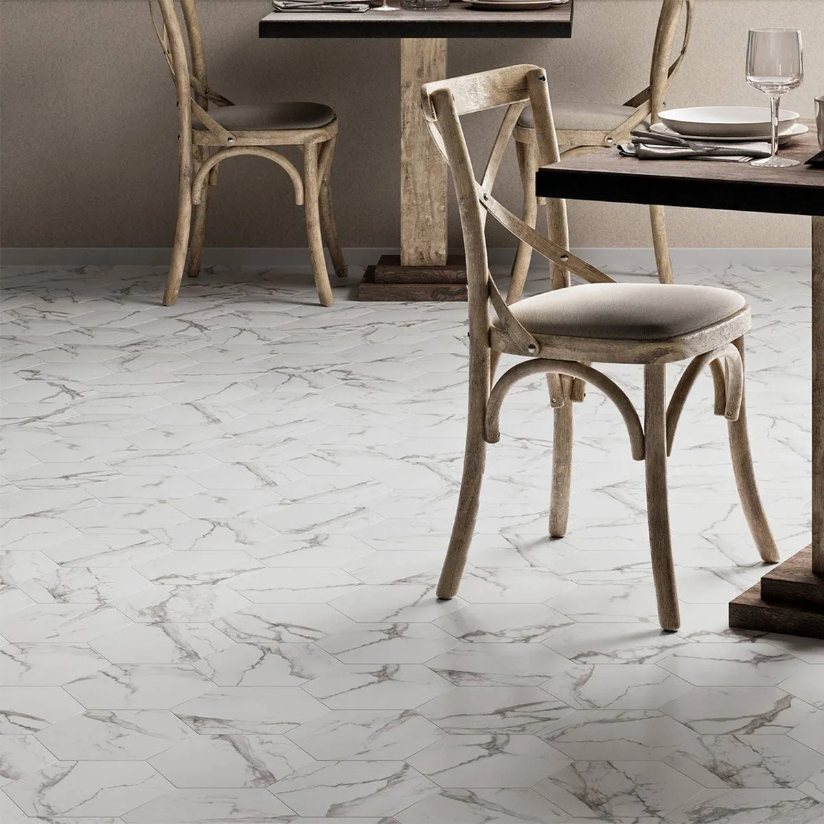 Deluxe Hex Blanc Hexagonal Marble Effect Porcelain Tile 23x27cm Matt