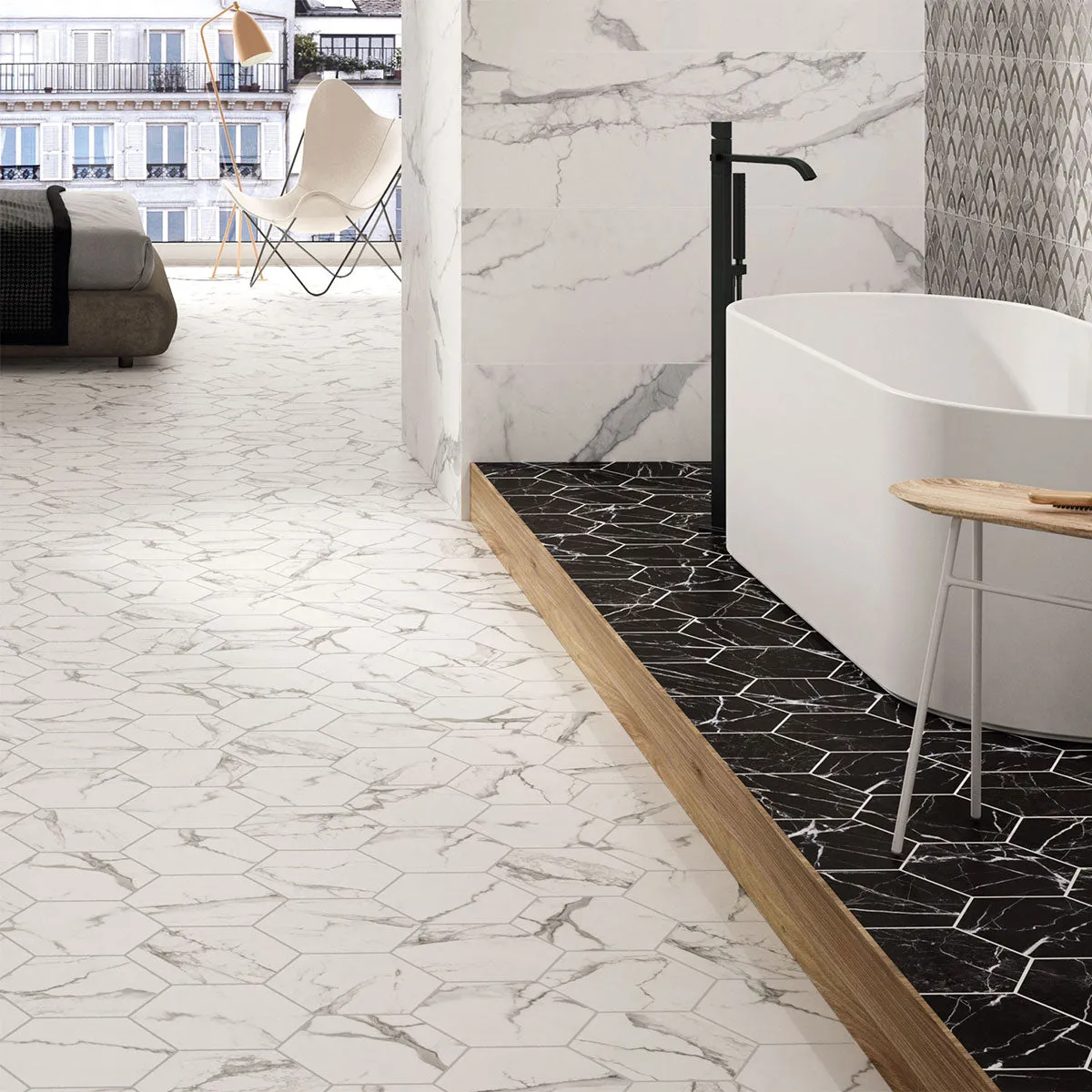 Deluxe Hex Blanc Hexagonal Marble Effect Porcelain Tile 23x27cm Matt