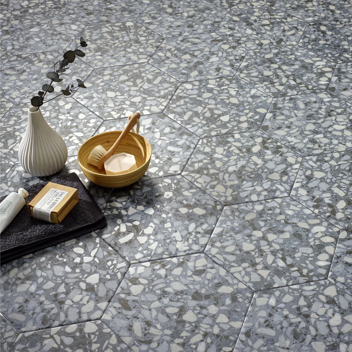 Deluxe Terrazzo Blue Hexagonal Porcelain Tile 23x27cm Matt