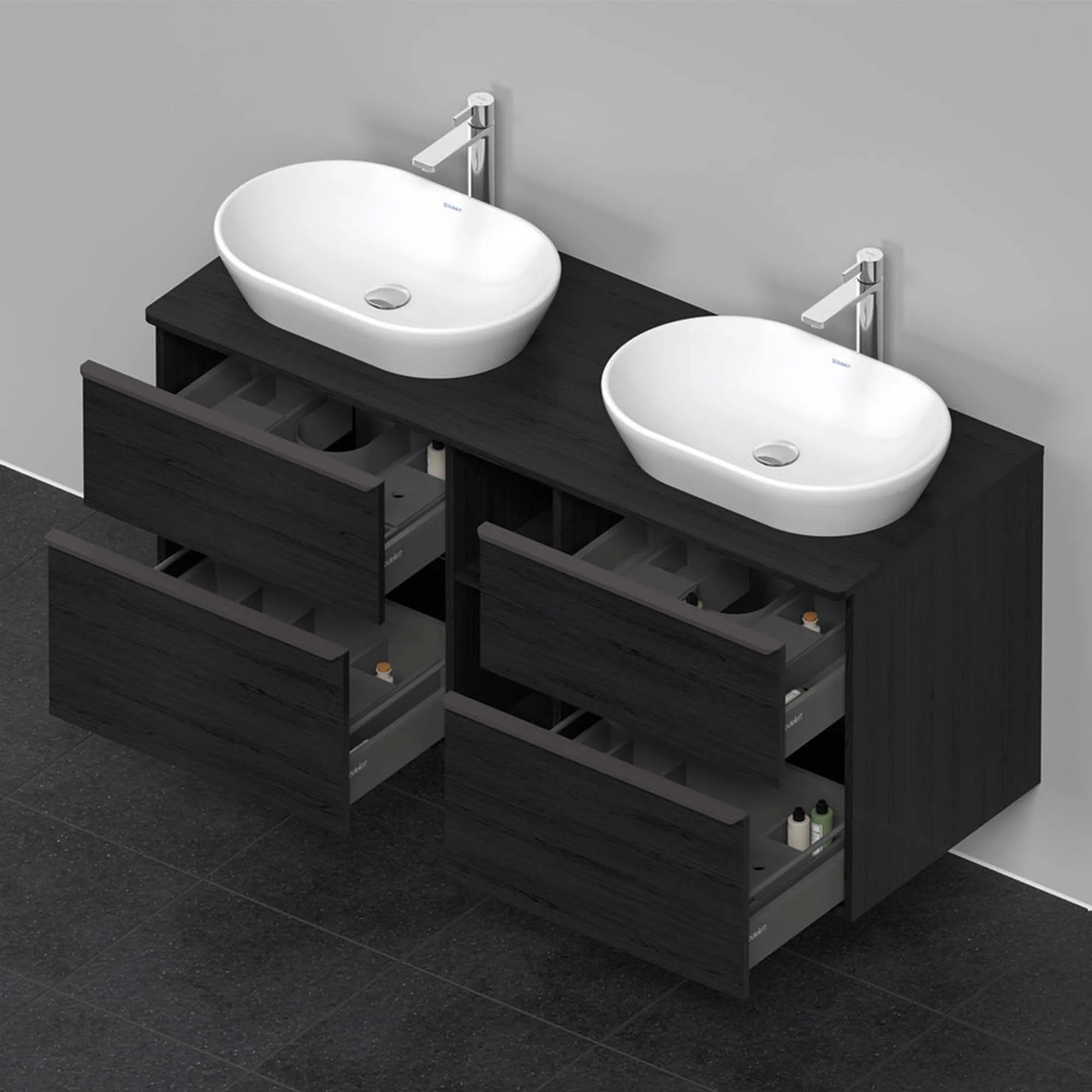 Duravit D-Neo 1400 Wall Mounted 4-Drawer Double Vanity Unit With Worktop - Black Oak