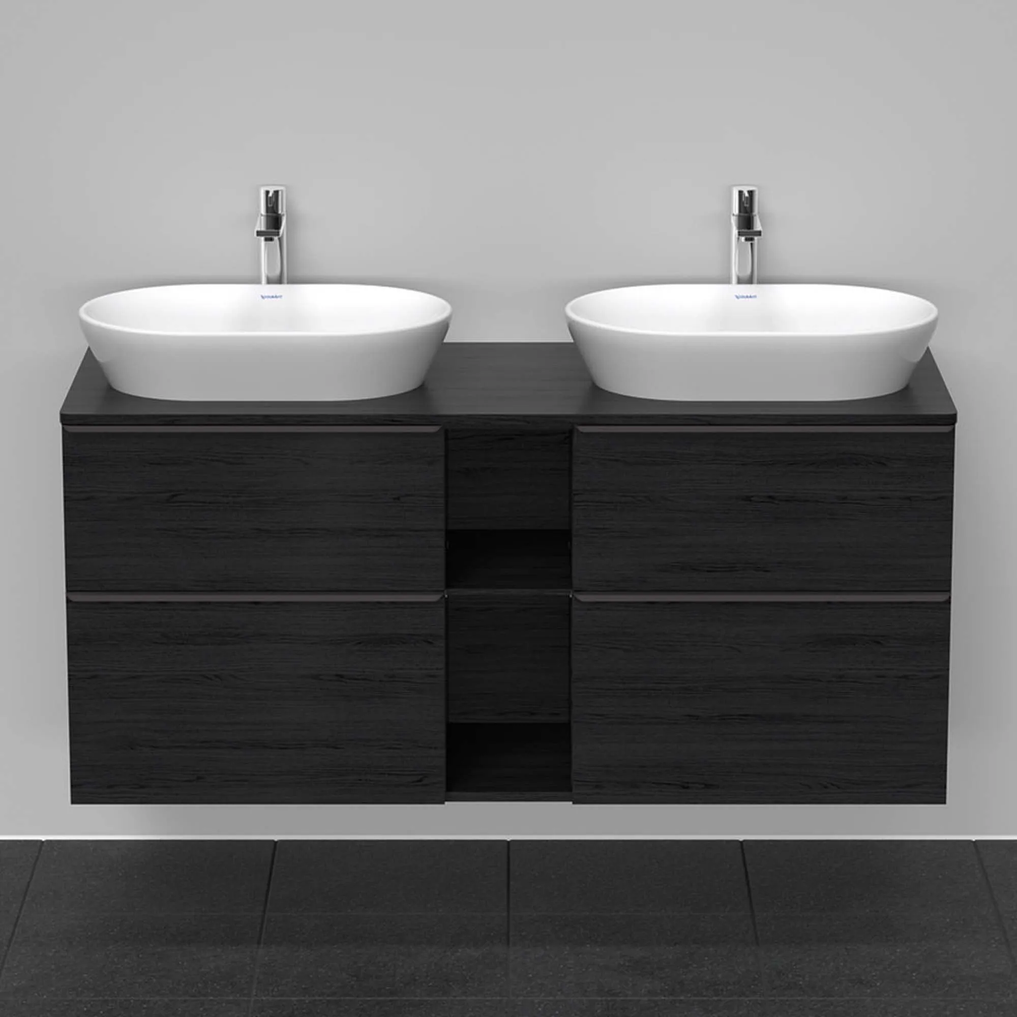 Duravit D-Neo 1400 Wall Mounted 4-Drawer Double Vanity Unit With Worktop - Black Oak