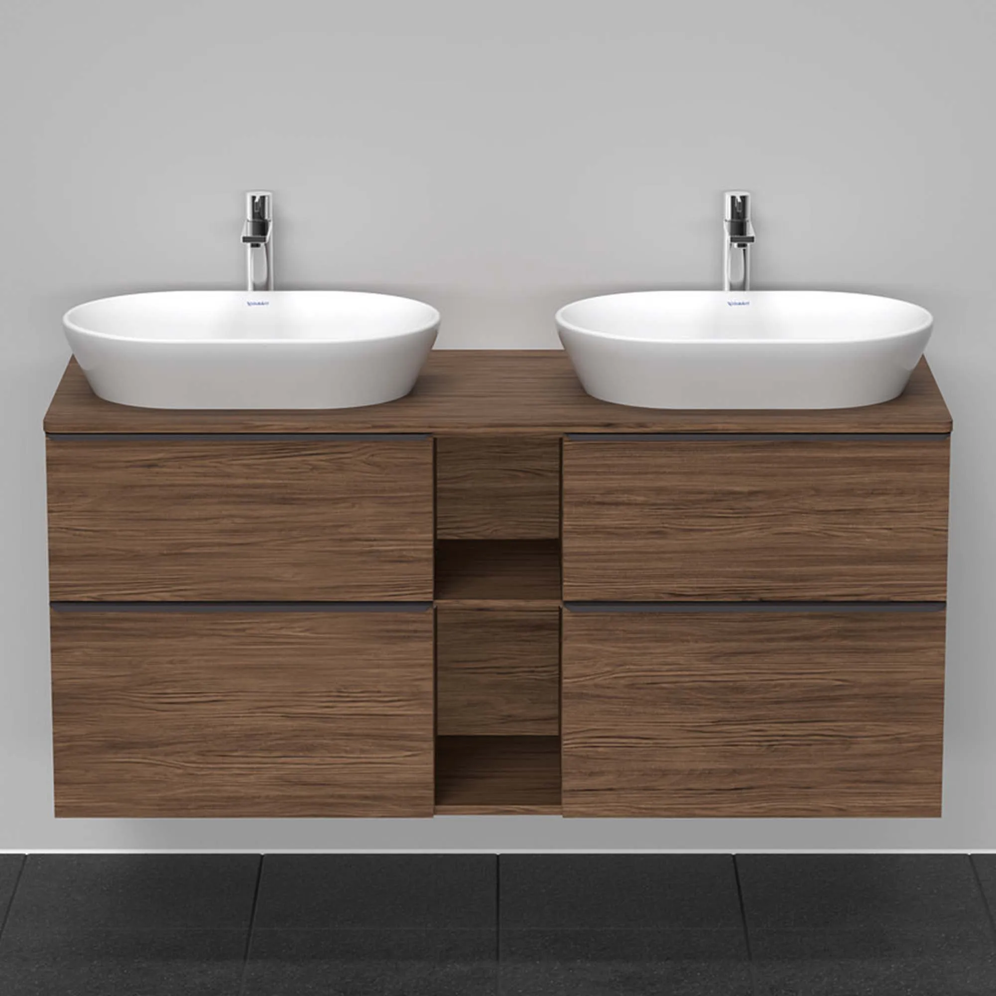 Duravit D-Neo 1400 Wall Mounted 4-Drawer Double Vanity Unit With Worktop - Dark Walnut