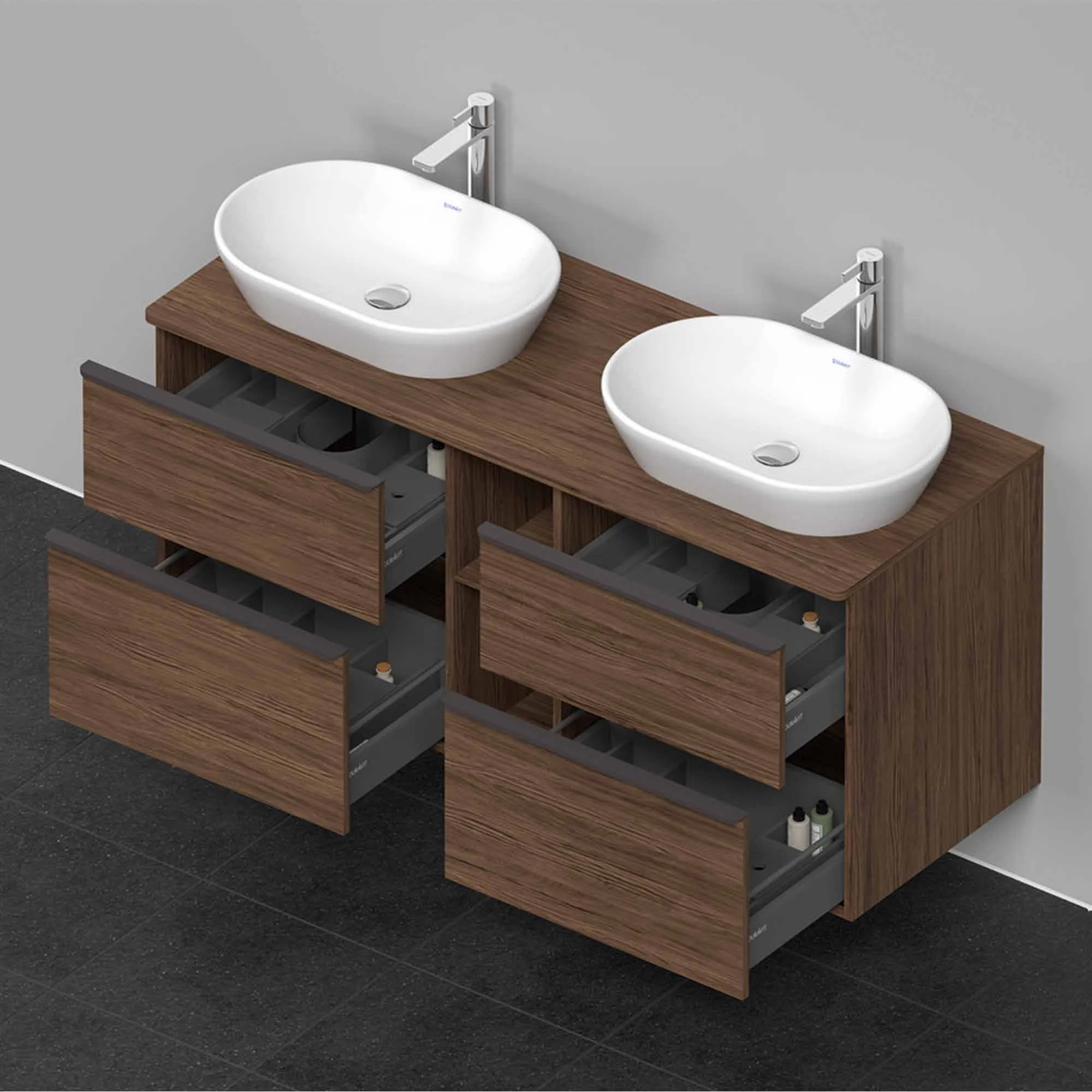 Duravit D-Neo 1400 Wall Mounted 4-Drawer Double Vanity Unit With Worktop - Dark Walnut