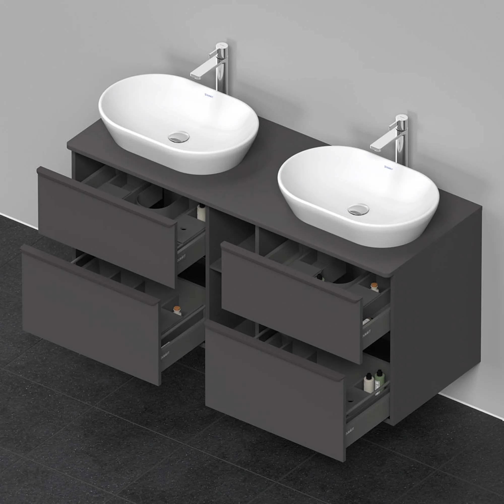 Duravit D-Neo 1400 Wall Mounted 4-Drawer Double Vanity Unit With Worktop - Matt Graphite